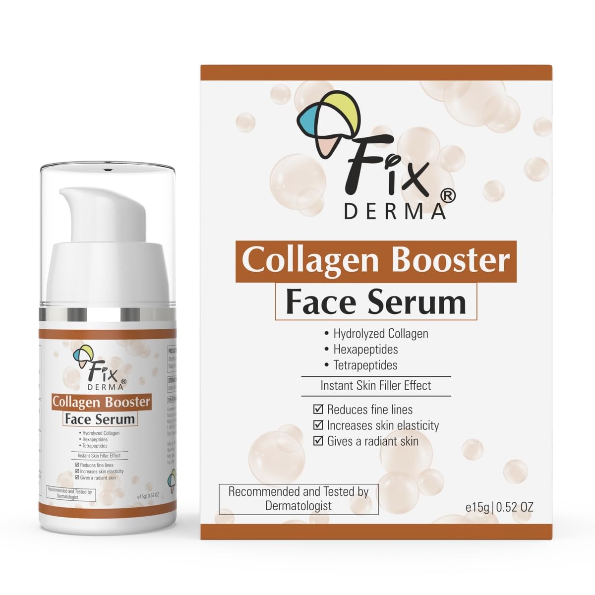 Fixderma Hydrolyzed Collagen Booster Face Serum - Anti-Aging Collagen Serum for Fine Lines & Wrinkles, Men & Women, All Skin Types (15g) | Hydrating & Firming Facial Treatment for Day & Night Skincare Routine