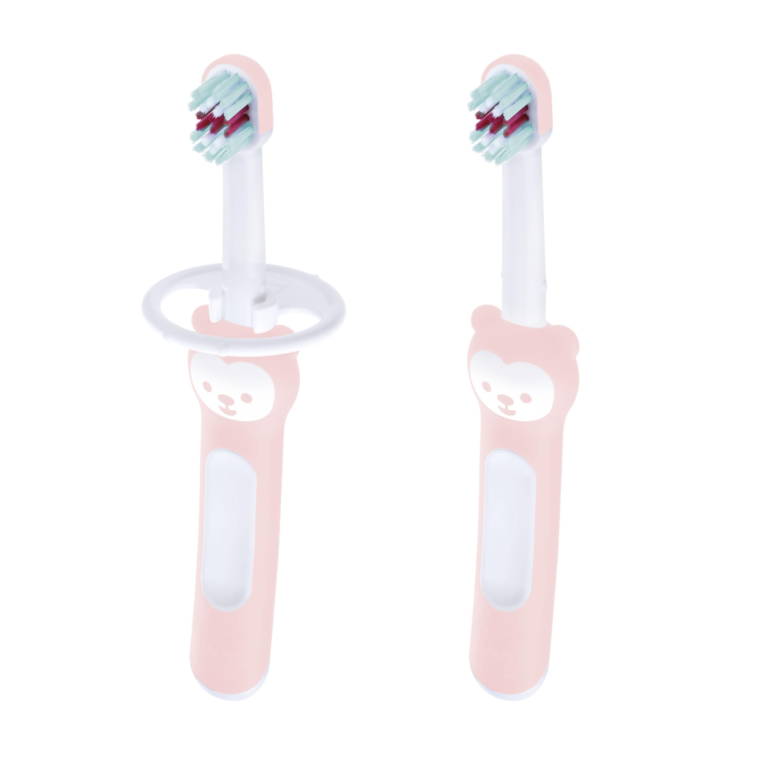 MAM Baby Toothbrushes Set - 2 Soft Bristle Toothbrushes & 1 Safety Shield with Brushy The Bear Design | Interactive Dental Care App Included | Ideal for Girls 6+ Months (Pink) | Perfect for First Teeth Cleaning & Toddler Oral Hygiene Training