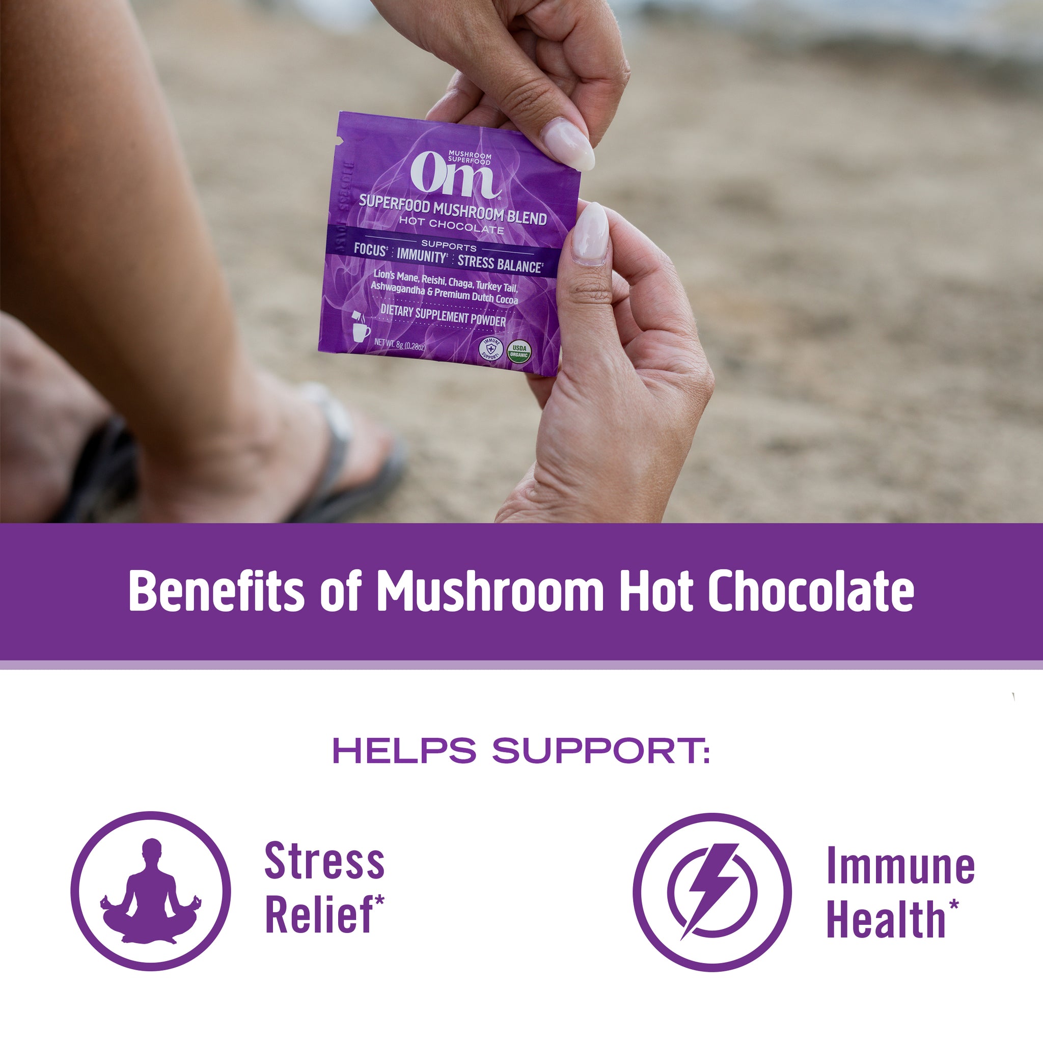 Organic Om Superfood Mushroom Blend Hot Chocolate Powder - Reishi, Chaga, Cordyceps for Immune Support & Relaxation - Perfect for Cold Weather, Morning Boost or Nighttime Wellness Drink