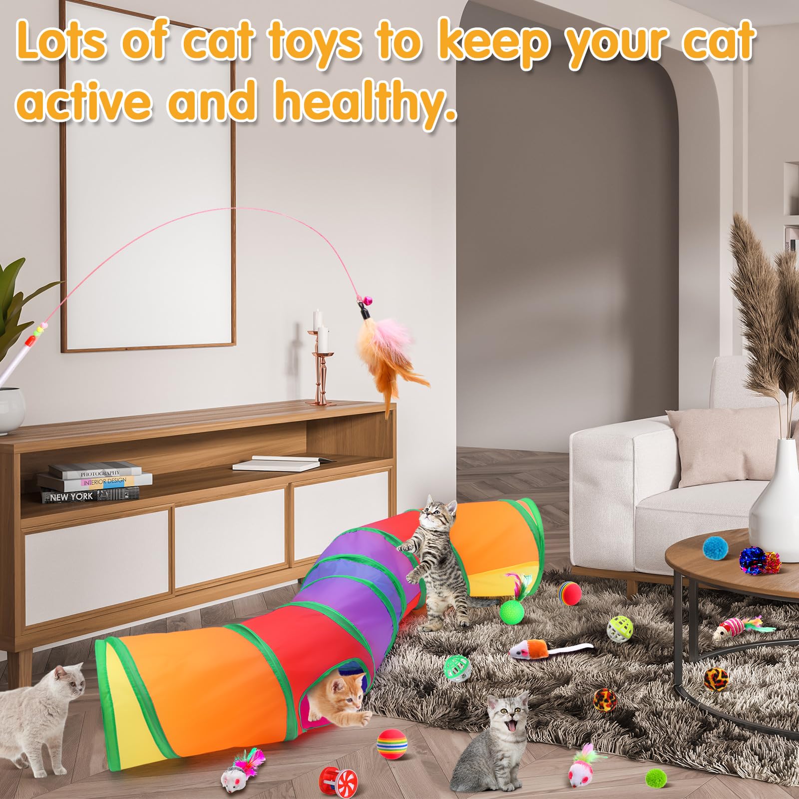 22-Piece Cat Kitten Toys Set with 2 Collapsible Cat Tunnels & 20 Interactive Toys - Feather Wands, Fluffy Mice, Crinkle Balls - Fun Playtime for Kittens & Puppies (Multicolor) | Perfect for Indoor Play, Exercise & Bonding with Your Pets