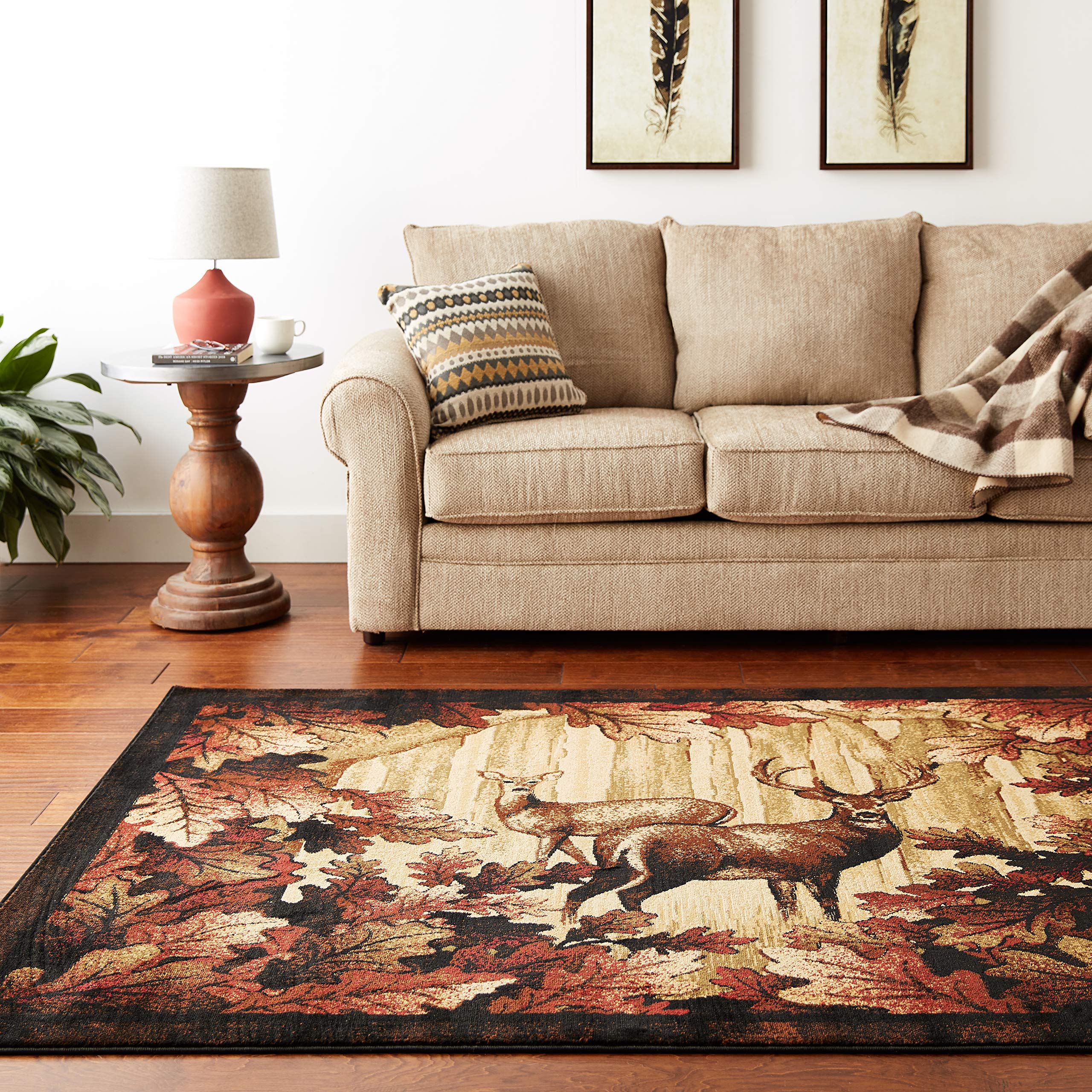 Rustic Lodge Deer Area Rug - 63x87 Inches Large Black Deer Print Rug for Living Room, Bedroom, Cabin & Lodge Decor