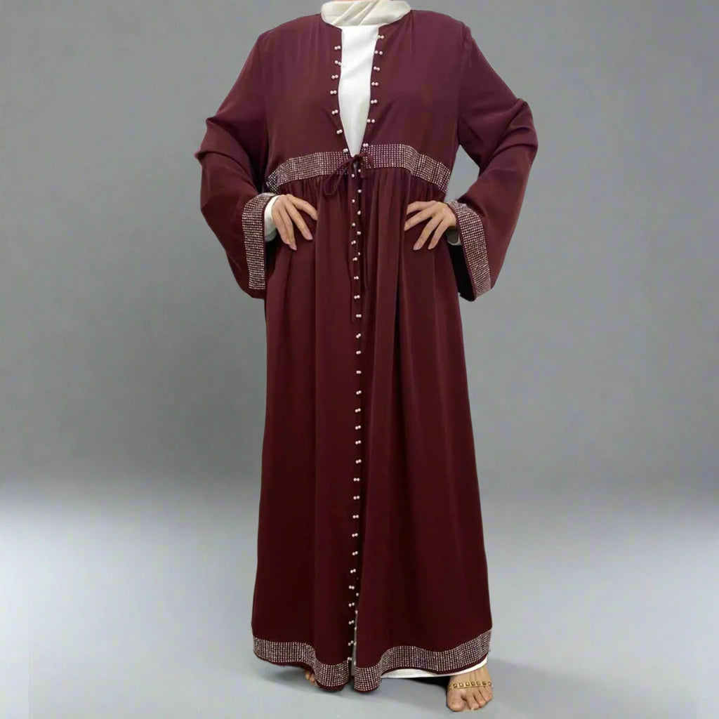 Hotfix Rhinestone Beaded Muslim Women's Cardigan Open Abaya Dress - Elegant Islamic Prayer Wear for Special Occasions & Daily Use