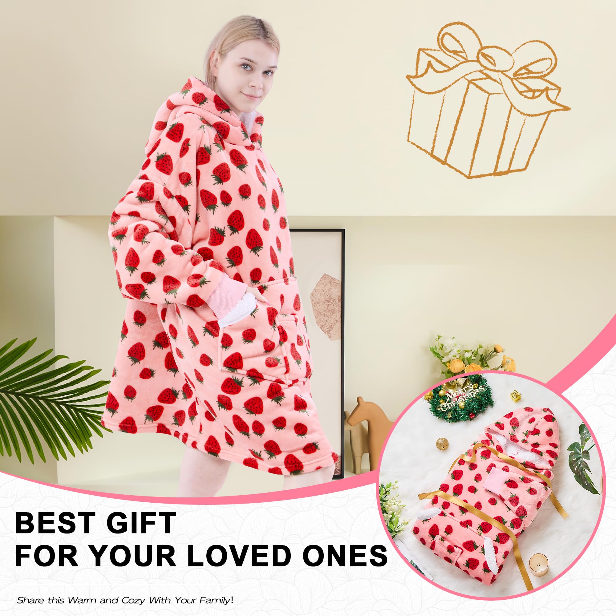Cozy Oversized Sherpa Fleece Wearable Blanket Hoodie for Women - Warm Hooded Sweatshirt with Sleeves | Perfect Winter Gift & Lounge Wear for Home, Office, and Travel (Pink Strawberry)