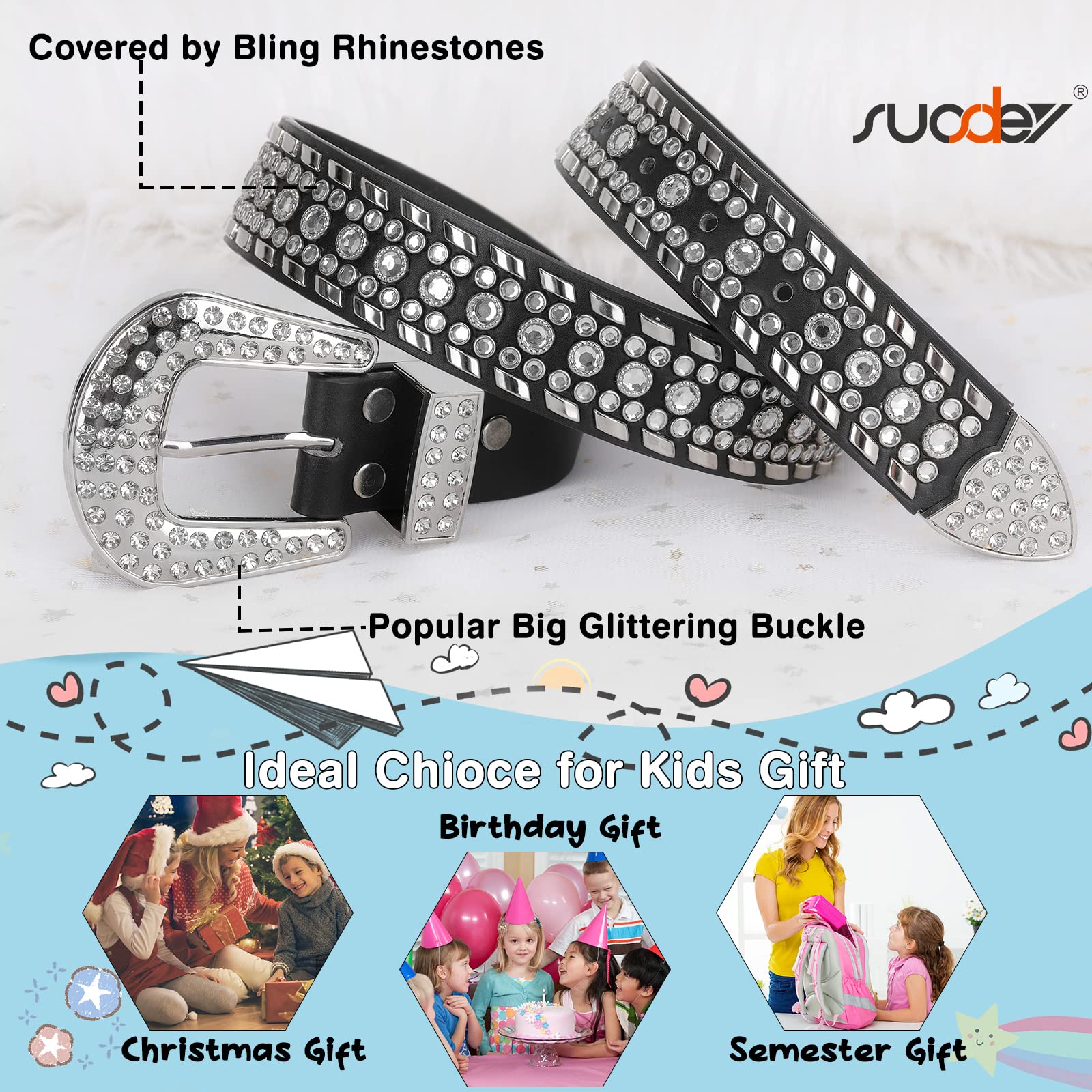 SUOSDEY Sparkling Rhinestone Belt for Girls & Boys - Western Cowgirl Cowboy Studded Leather Belt for Kids | Perfect for Birthday Parties, Rodeo Events & Western Fashion Outfits