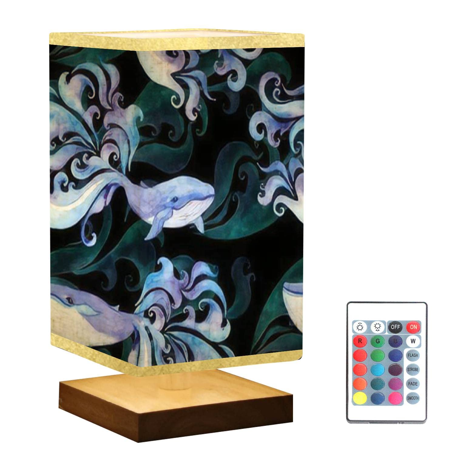 Square Bedside Table Lamp with Ornate Whale & Fish Watercolor Design, Wooden Base & Flaxen Fabric Shade - Dimmable Nightstand Lamp for Bedroom, Living Room, Office | Perfect for Reading, Relaxing & Decor