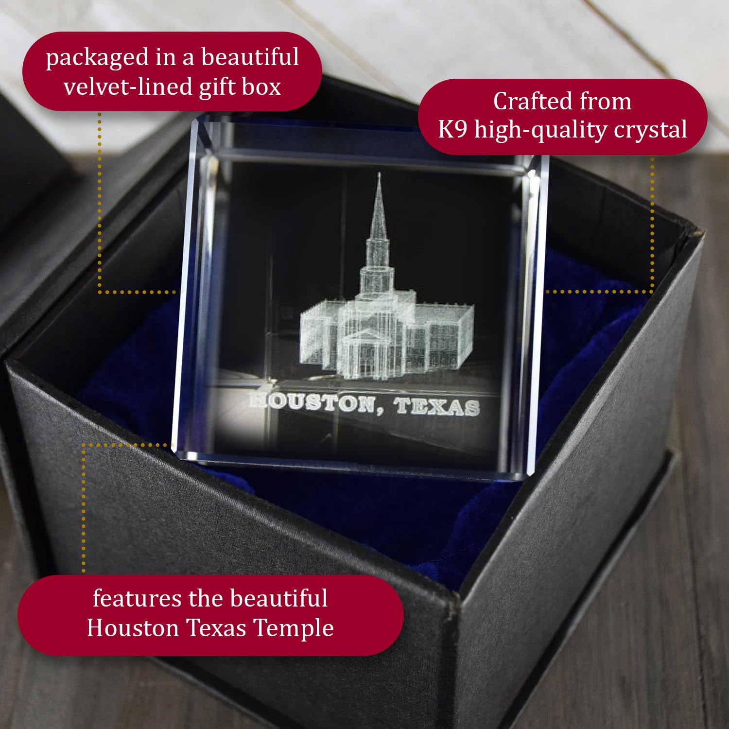 Crystal Cube Desk Decor - LDS Temple Paperweight for Office & Christian Home Decor | Perfect for Gifts, Work Desk, and Spiritual Spaces (Houston, Texas)