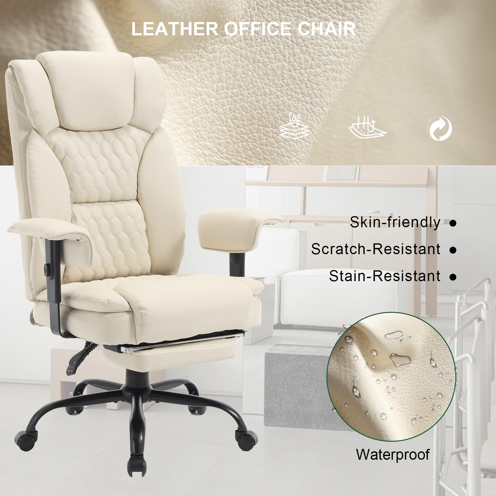 Heavy Duty Big and Tall Office Chair 400LBS Capacity - Extra Wide Seat High Back Ergonomic Executive Reclining Chair with Adjustable Footrest, PU Leather Gaming Desk Swivel Chair with Wheels, Lumbar Support & Armrests - Perfect for Home Office, Gaming Setup and Conference Rooms (Beige)