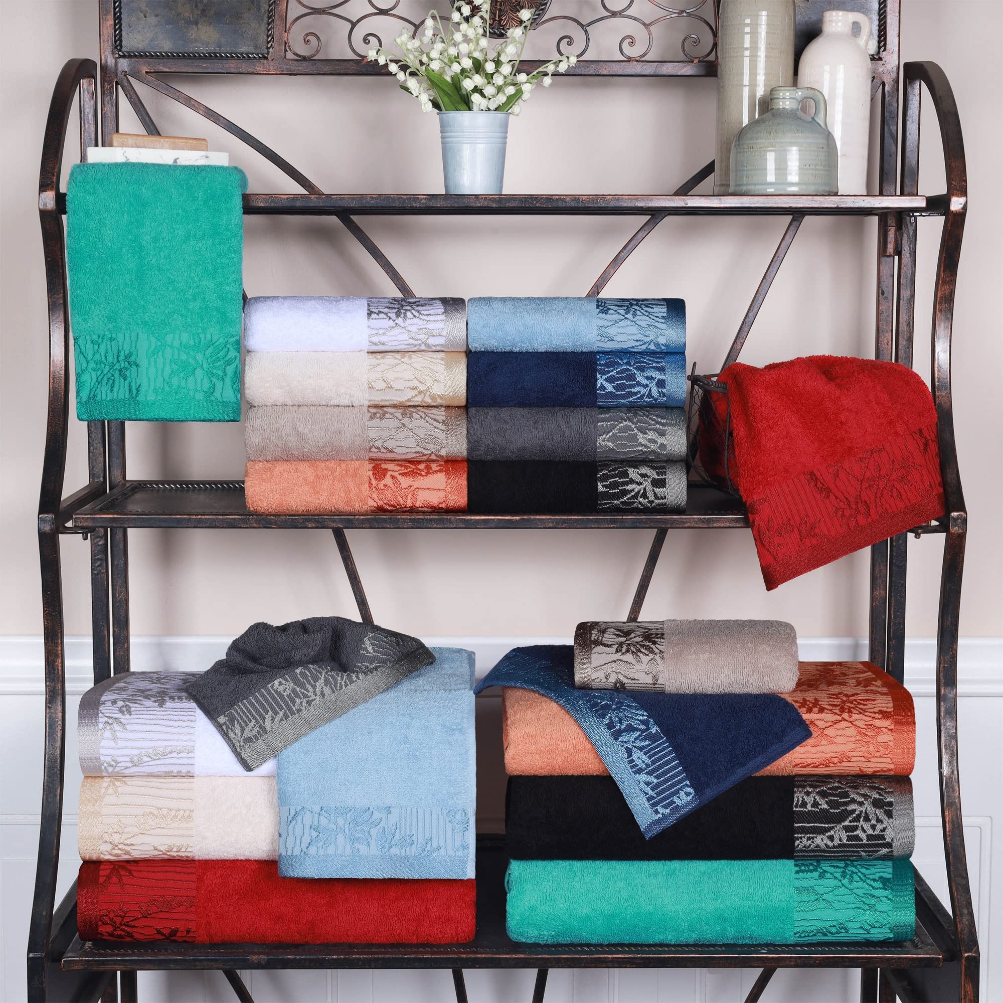 Premium Cotton Bath Towels Set of 2 - Soft Floral Jacquard Dobby Border Bathroom Towels for Adults & Kids | Luxury Spa, Hotel & Home Essentials | Wisteria Collection in Navy Blue - Perfect for Bath, Beach & Airbnb Stays