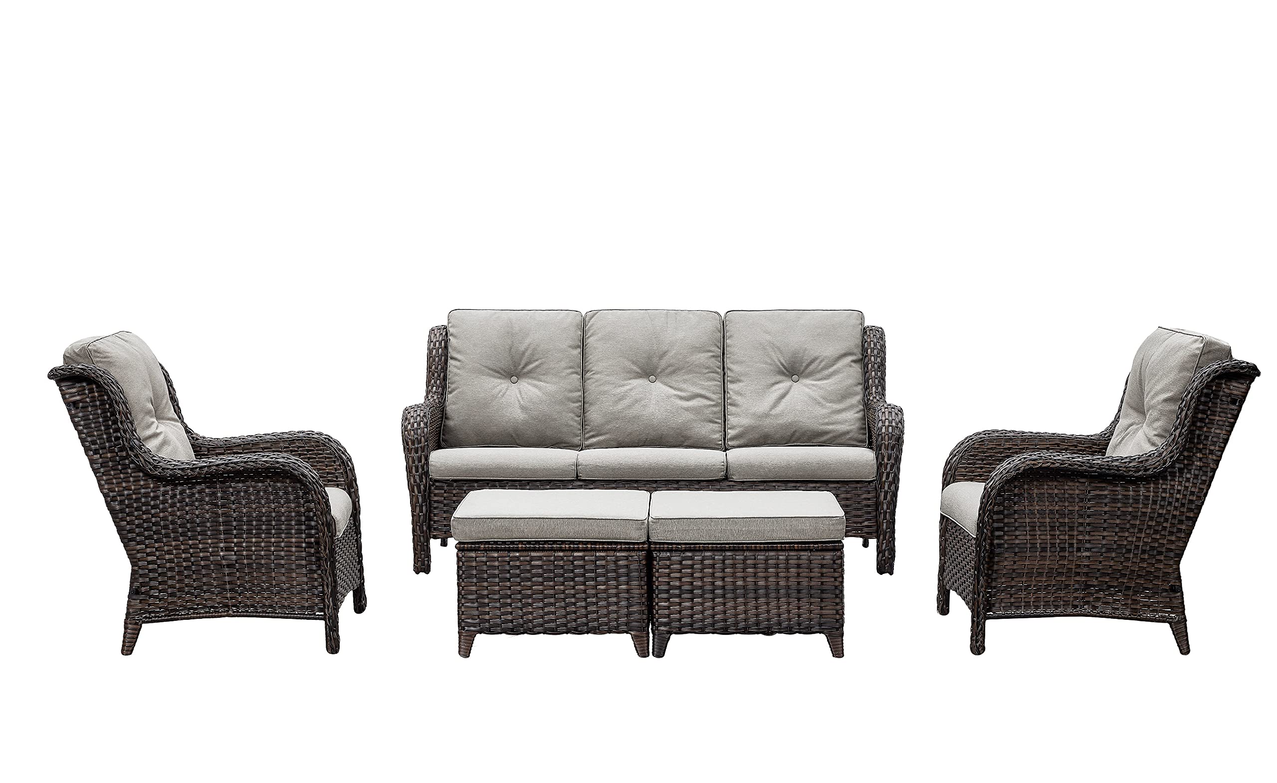 5-Piece Outdoor Patio Furniture Set - Rattan Wicker Sectional Sofa with 3-Seat Couch, 2 Armchairs & 2 Ottoman Footrests - Brown/Grey - Perfect for Garden, Backyard, Poolside & Outdoor Conversation Areas