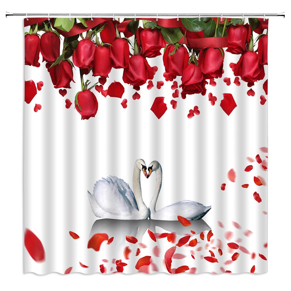 Romantic Red Rose Shower Curtain with White Swan Design - Elegant Flower Petal Bathroom Decor for Couples, Valentine's Day Gift for Her | Perfect for Master Bathroom, Guest Bath Decor, and Romantic Getaways