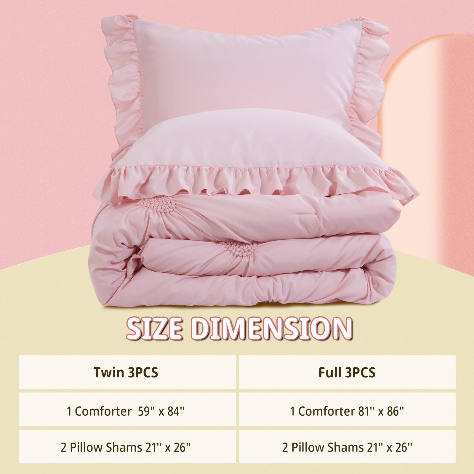HOMBYS Pink Comforter Set for Girls - 3 Piece Blush Pinch Pleat Bedding with Ruffles, Full/Queen Size, All Season Soft & Cozy - Perfect for Kids Bedroom, Teen Room Decor & Gift Ideas