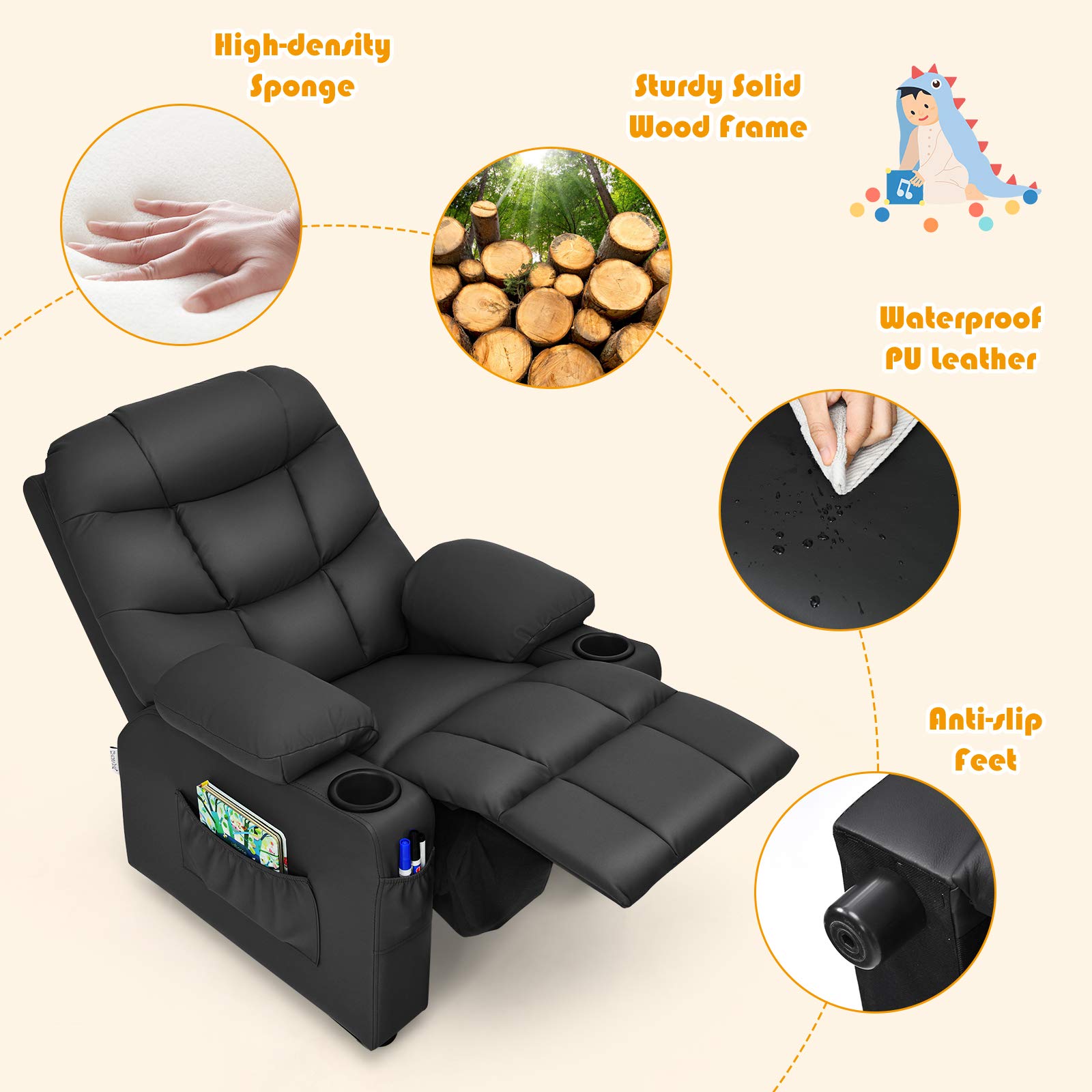 MAT EXPERT Kids Recliner - Adjustable Leather Gaming & Reading Chair for Boys & Girls with 2 Cup Holders, 3 Side Pockets & Footrest - Toddler Lounge Chair for Playroom, Nursery or Kids Bedroom (Black) - Perfect for Relaxing, Gaming, Reading & Watching TV