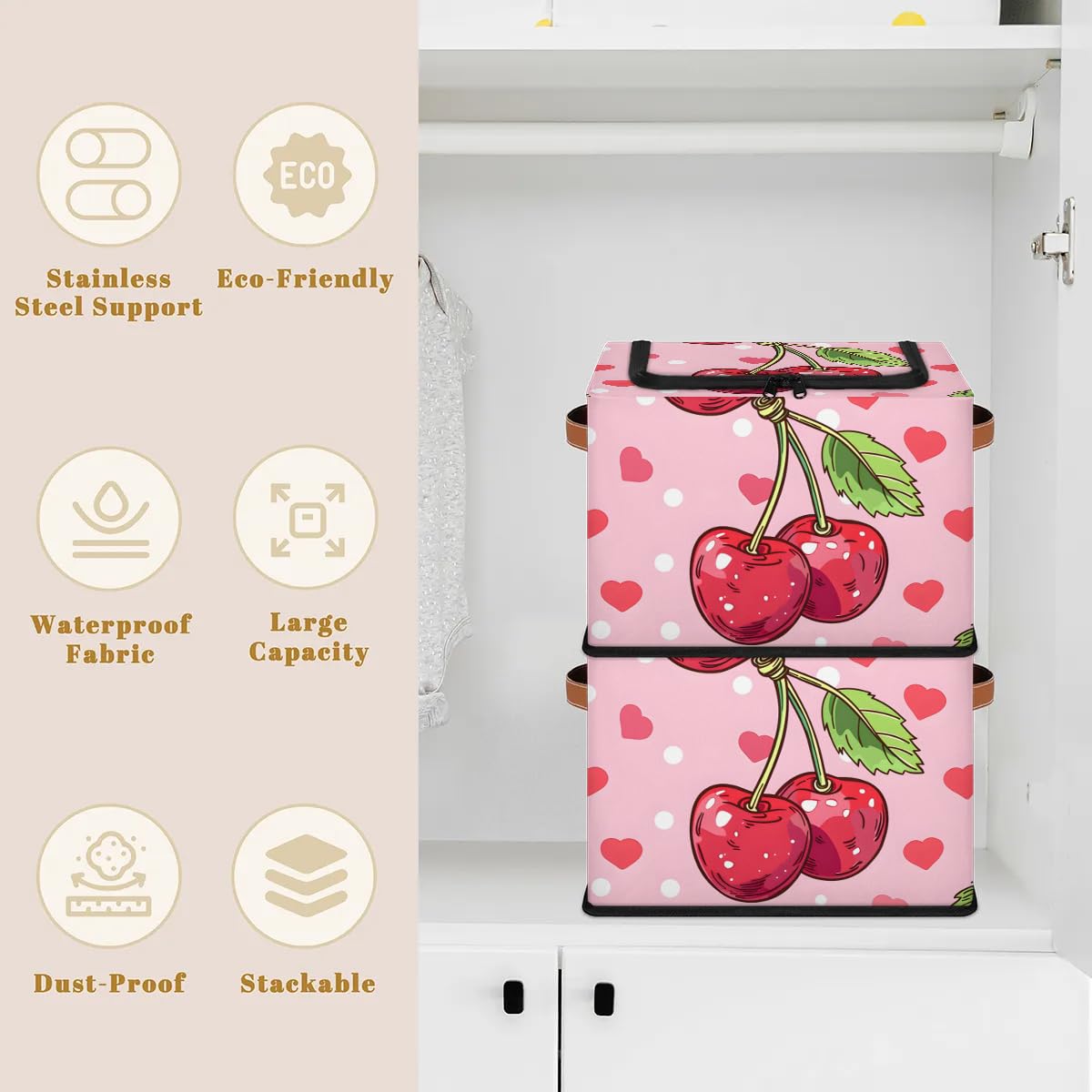 2-Pack Stackable Cherry Heart Storage Bins with Zipper Lid & Metal Frame - PU Handled Closet Organizer Cubes for Clothes, Toys, or Seasonal Items | Perfect for Bedroom, Closet & Nursery Organization