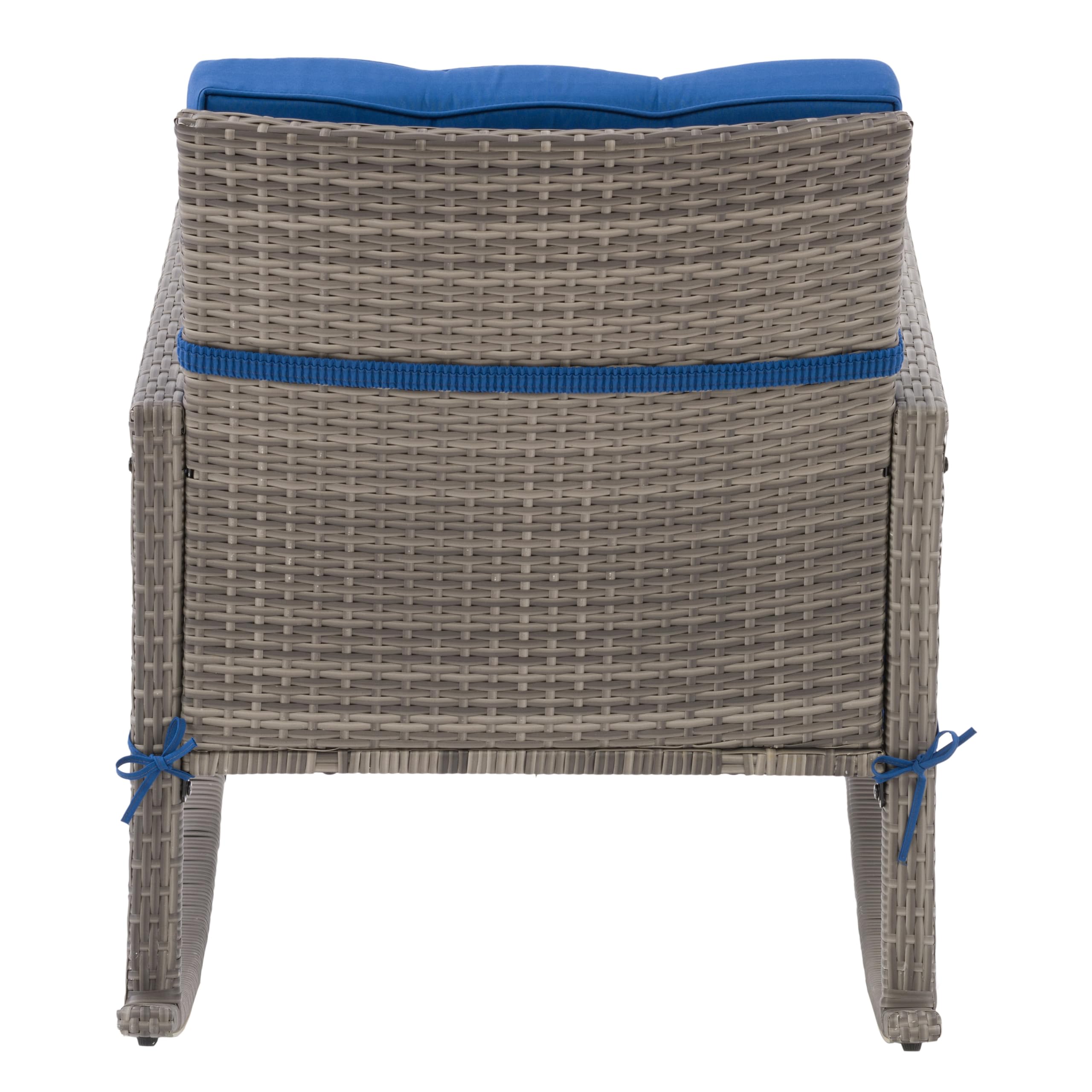 CorLiving Parksville Gray Wicker Rattan Patio Rocking Chair with Blue Cushions - Outdoor Furniture for Porch, Garden & Backyard Relaxation