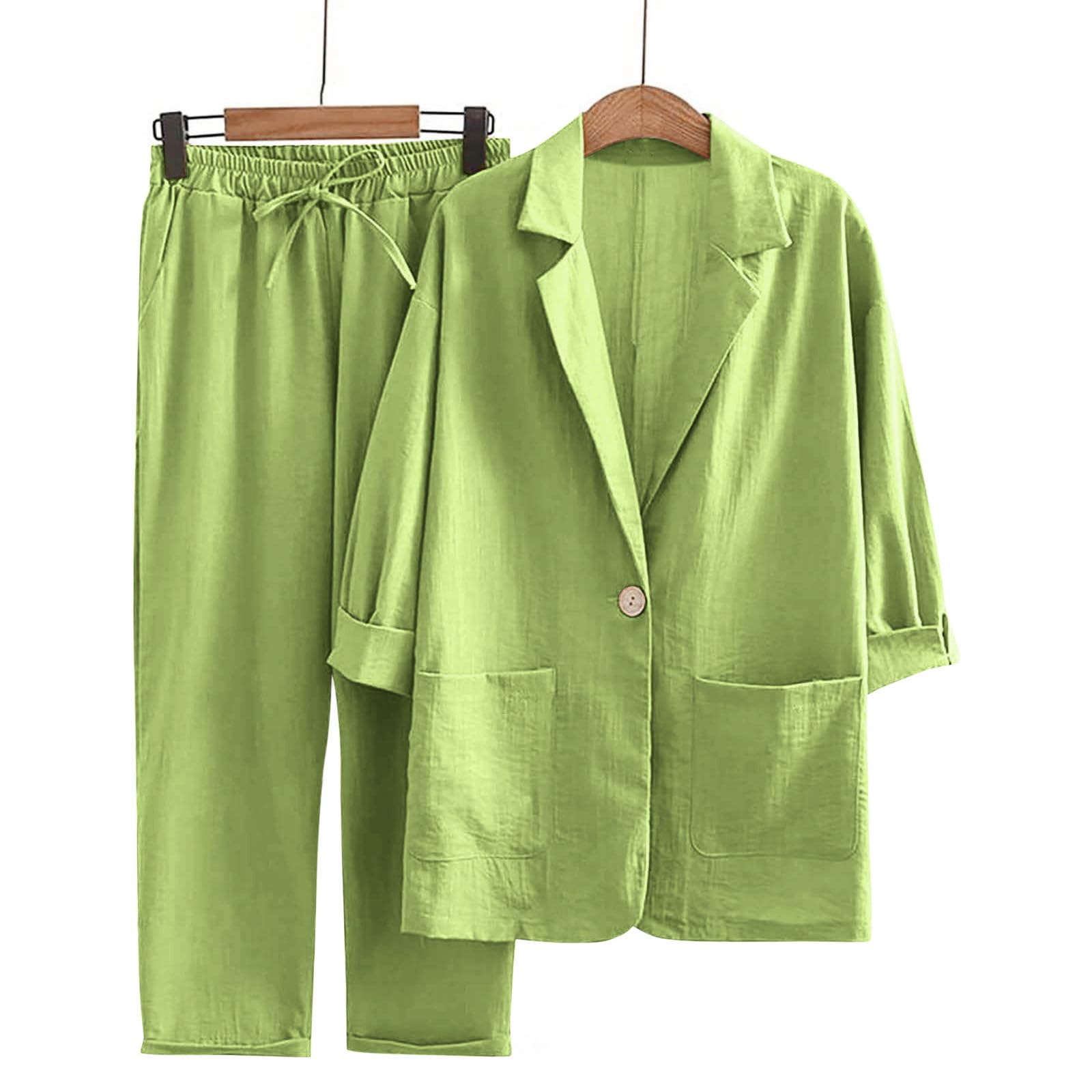 Women's 2-Piece Cotton Linen Outfit Set - Button Down Shirt & Drawstring Long Pants | Casual Summer Outfit for Beach, Travel & Daily Wear