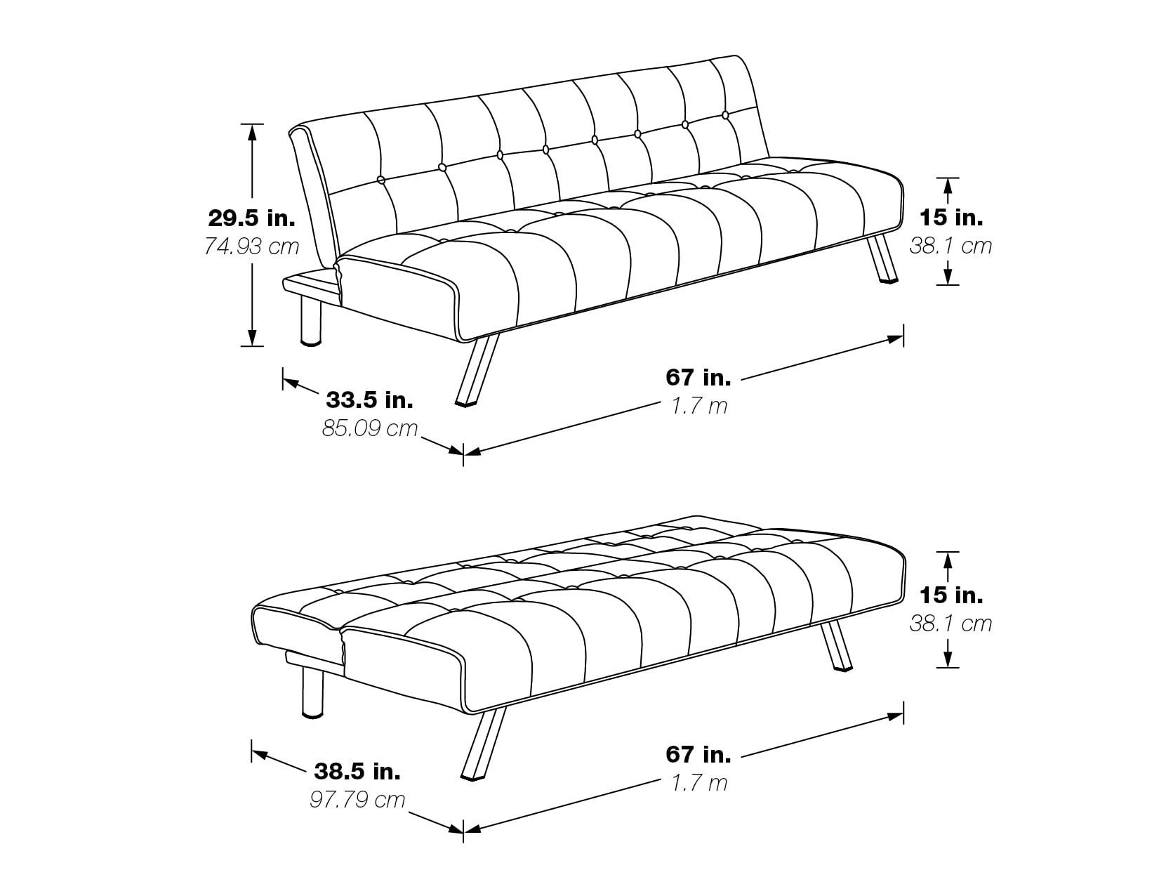 OSP Home Furnishings Sawyer Convertible Futon Sofa with Easy Lift Mechanism & Stainless Steel Legs - Blue Fabric Upholstery | Perfect for Small Spaces, Guest Rooms & Home Offices
