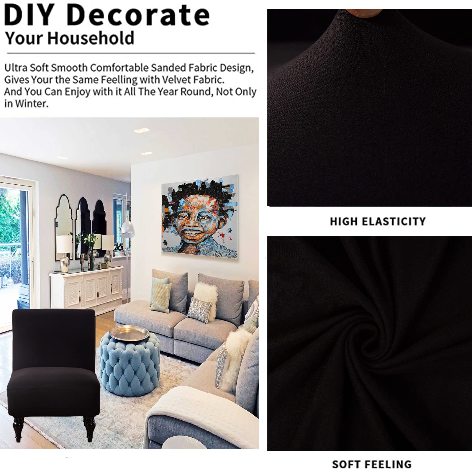 Stretch Spandex Armless Accent Chair Slipcover - Washable Furniture Protector for Slipper Chairs | Fits Living Room, Hotel & Office Use | Black (6-Pack)
