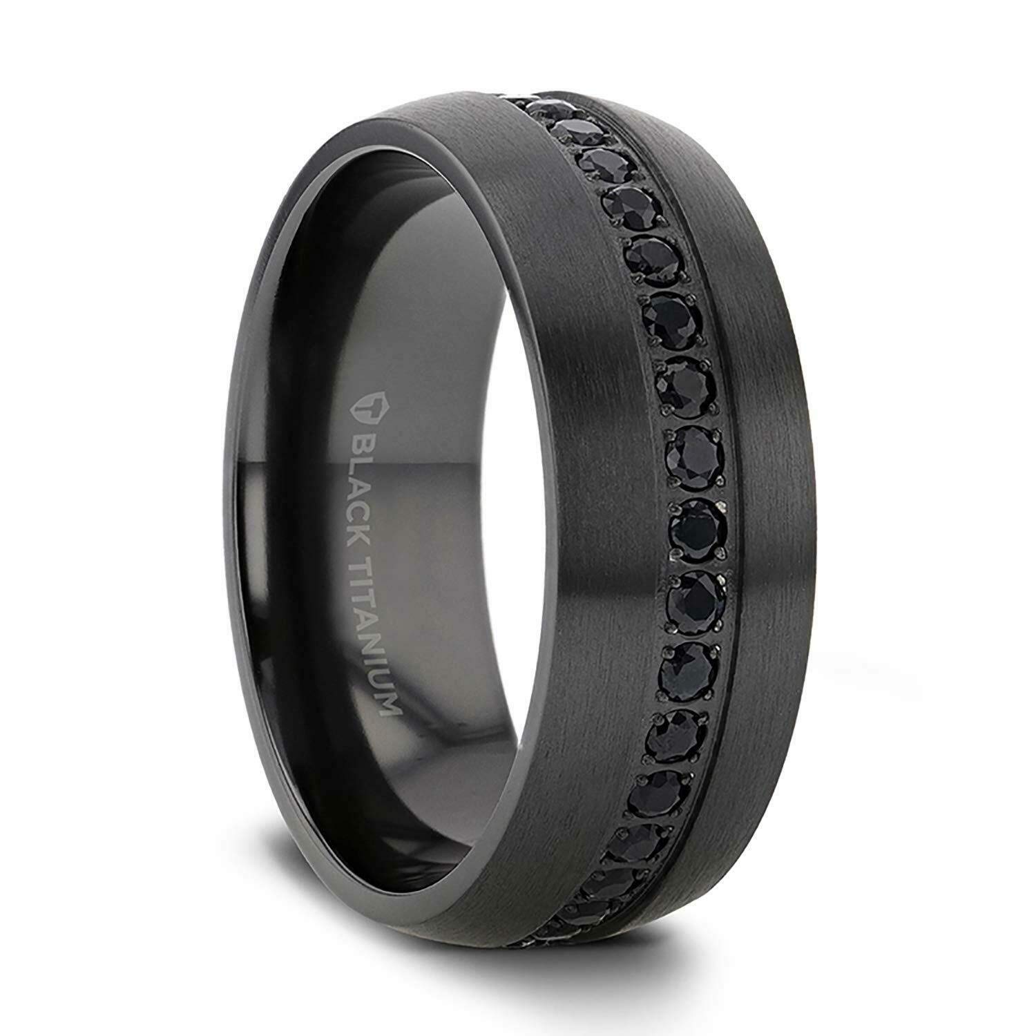Black Titanium Ring with Black Sapphires - 8mm Wide Gothic Jewelry for Men & Women - Perfect for Weddings, Parties, and Alternative Fashion
