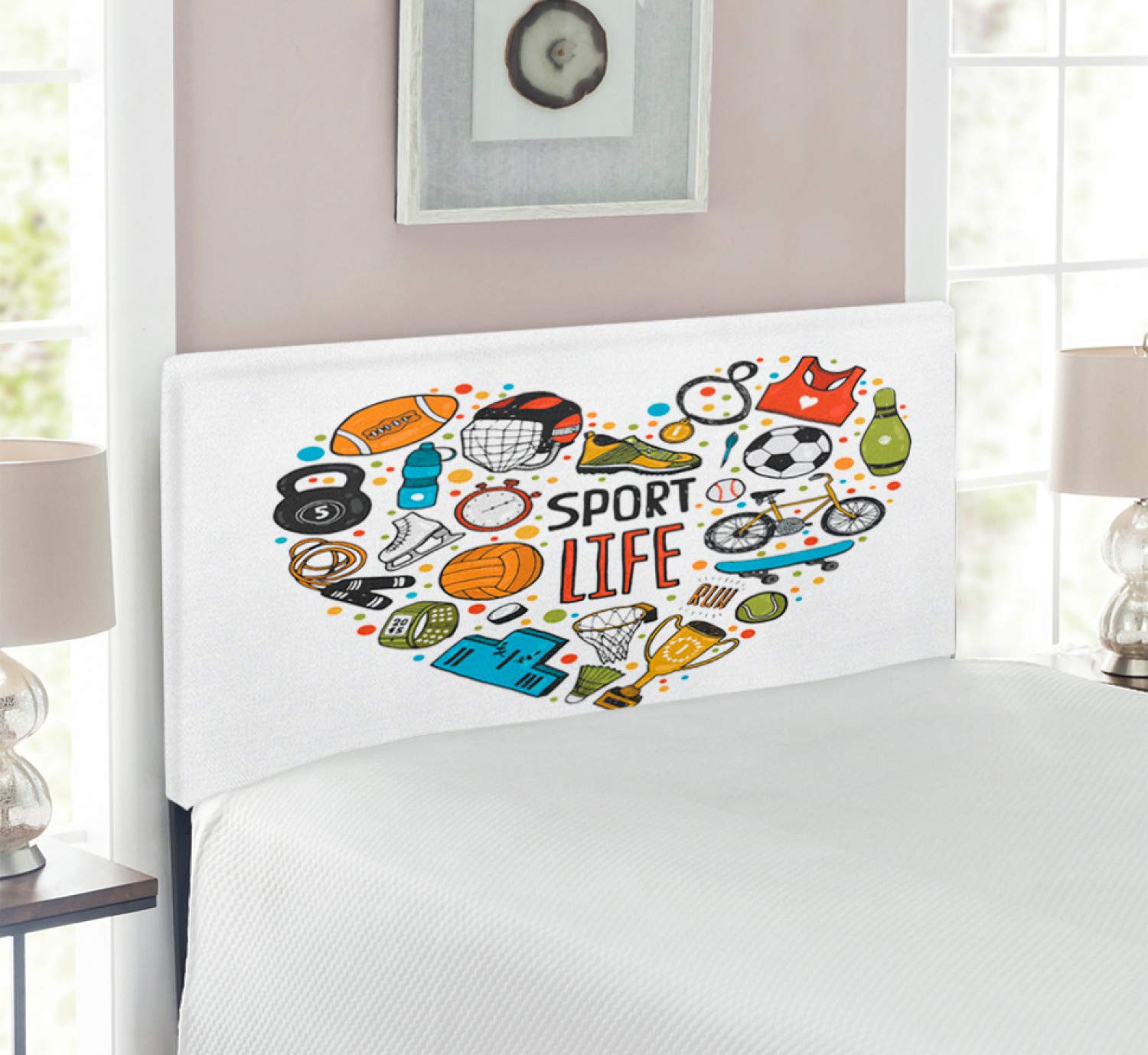 Ambesonne Sports Themed Upholstered Headboard - Heart Design with Swimming, Skating, Muscle & Healthy Lifestyle Motif - Memory Foam Twin Size Bed Headboard for Kids & Teens Room - Durable Metal Frame Multicolor Decorative Bedroom Furniture for Athletic Enthusiasts