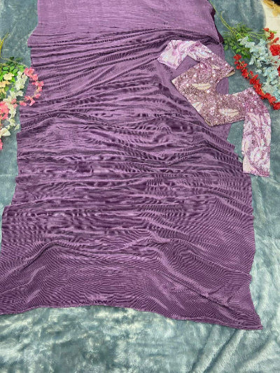 1 Minute Lavender Embellished Crush Work Stitched Ready-Made Saree - Perfect for Weddings, Parties & Festive Occasions