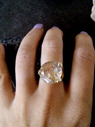 Round Gold Ring with Golden Rutilated Quartz Gemstone - Prong Set Cocktail Ring for Women | Elegant Bridal Jewelry & Wedding Gift Idea | Perfect for Evening Parties, Anniversaries & Special Occasions