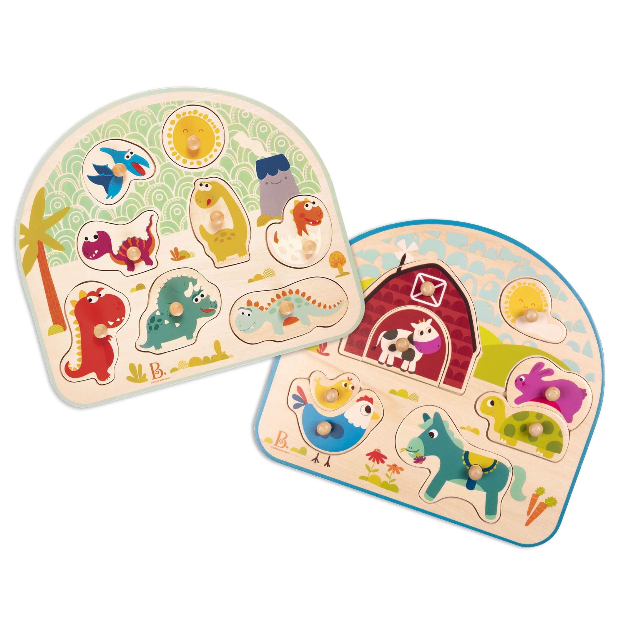 B. Toys Wooden Peg Puzzle 2-Pack - Dinosaur & Farm Animal Puzzles for Toddlers (18+ Months) - 8-Piece Educational Learning Toys for Kids - Perfect for Preschool Activities & Early Childhood Development