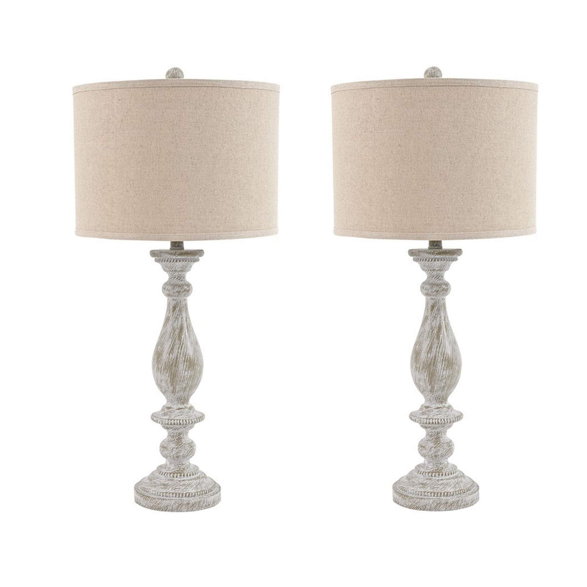 Benjara 2-Pack Beige and White Drum Shade Table Lamps with Pedestal Base - Modern Bedside & Living Room Lighting for Home Decor