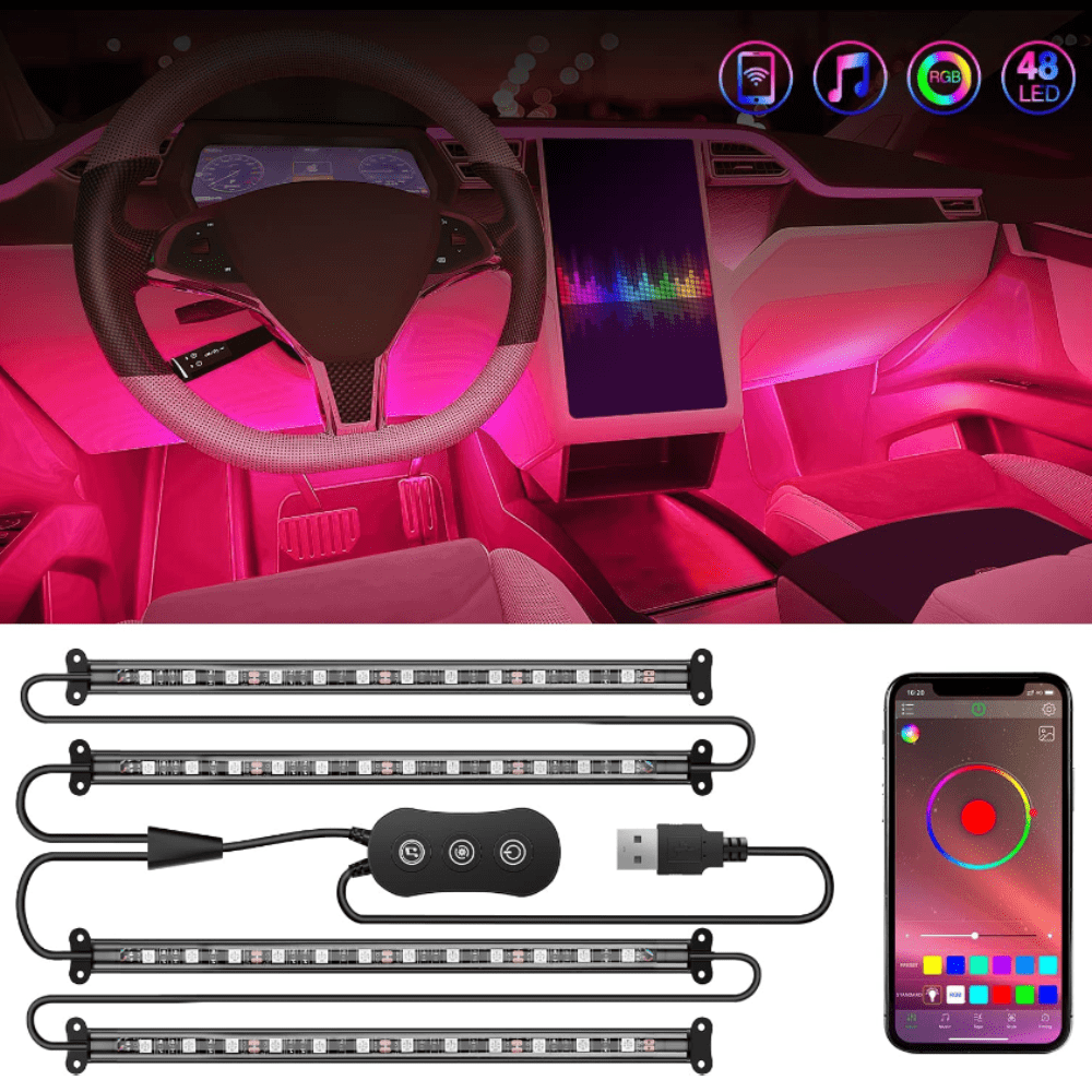 48 LEDs RGB USB Interior Light Strip with APP & Remote Control - 4 Pack for Home, Bedroom, Party, and Car Decoration