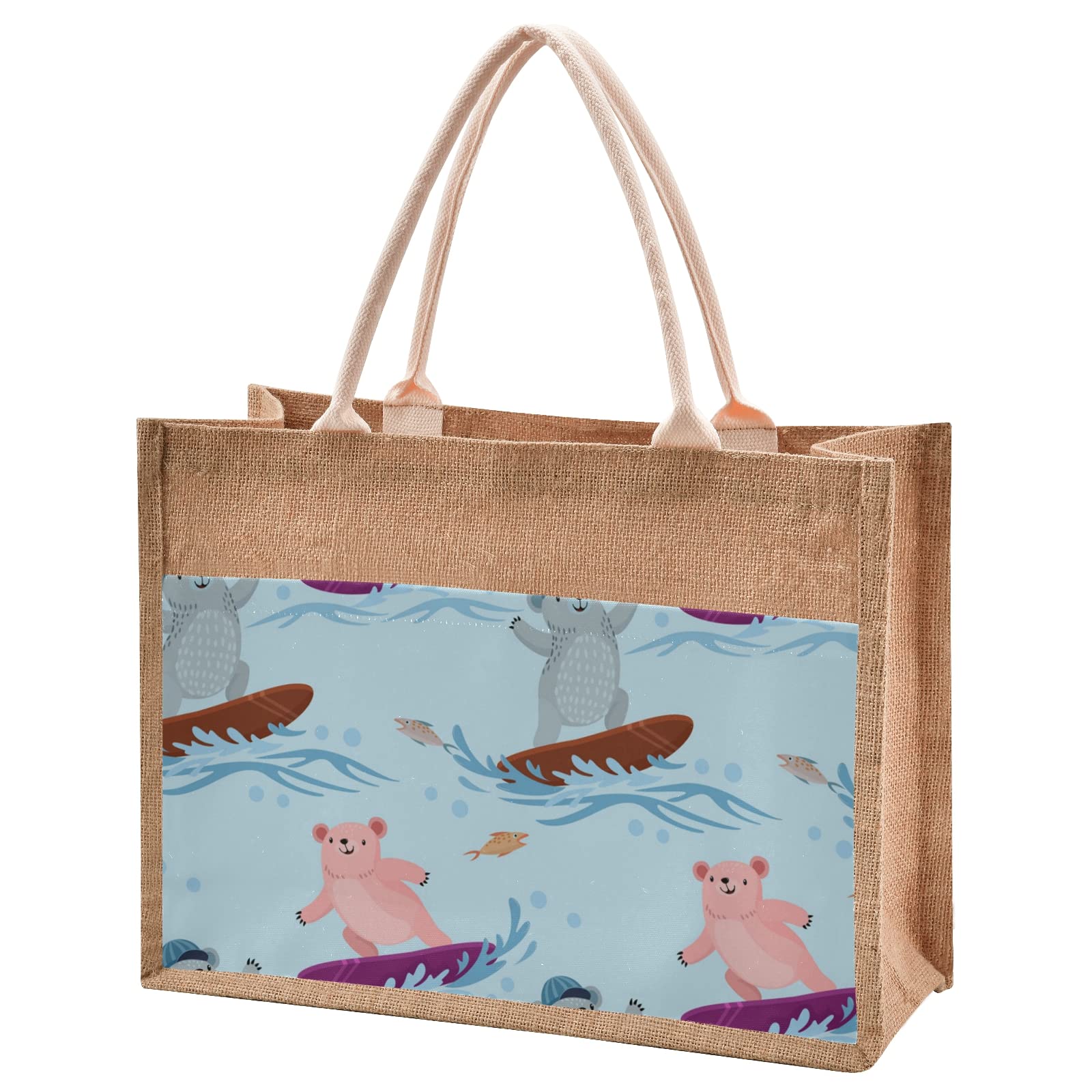 Sinestour Cute Animal Bear Jute Tote Bag - Eco-Friendly Burlap Gift Bag with Sturdy Handle - Perfect for Beach, Shopping & Women's Daily Use