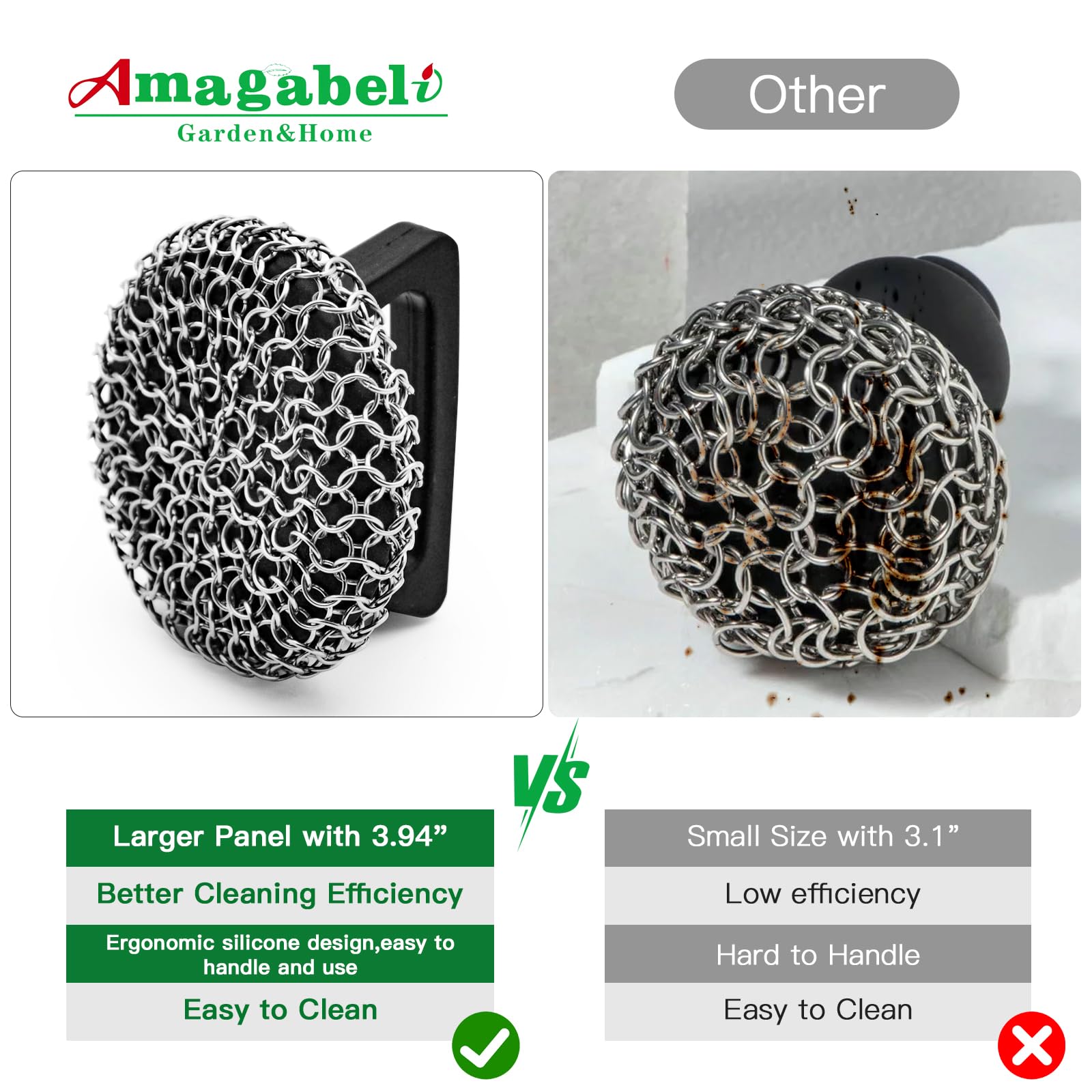 **Amagabeli Cast Iron Cleaner with Handle - Stainless Steel Chainmail Pan Scrubber for Cast Iron Skillets, Pots, Woks & BBQ Grills - Heavy Duty Scouring Pad for Tough Grease & Burnt Food (Perfect for Camping, Outdoor Cooking & Kitchen Use)**