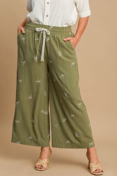 Boho Wide Leg Pants with Embroidered Bow - Full Size Flowy Lounge Pants for Women, Perfect for Yoga, Beach, and Casual Wear