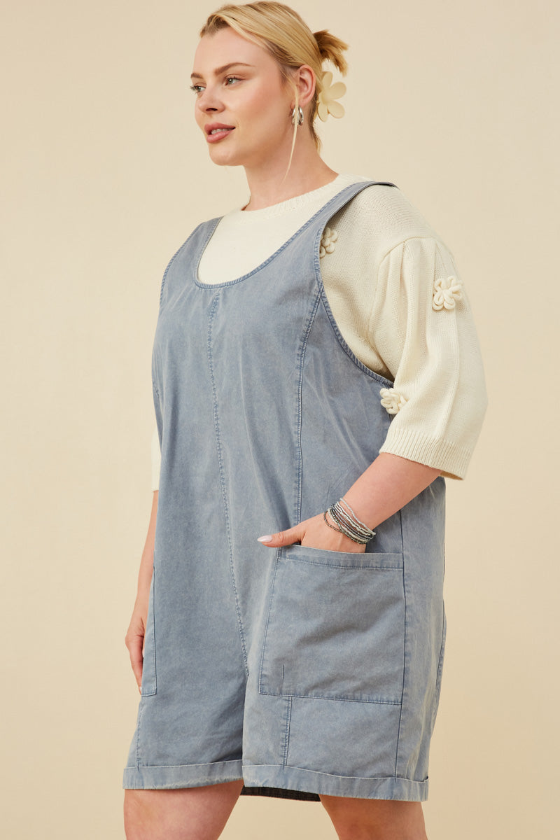 Women's Washed Denim Patch Pocket Scoop Neck Sleeveless Romper Jumpsuit - Casual Summer Outfit for Beach, Vacation & Street Style