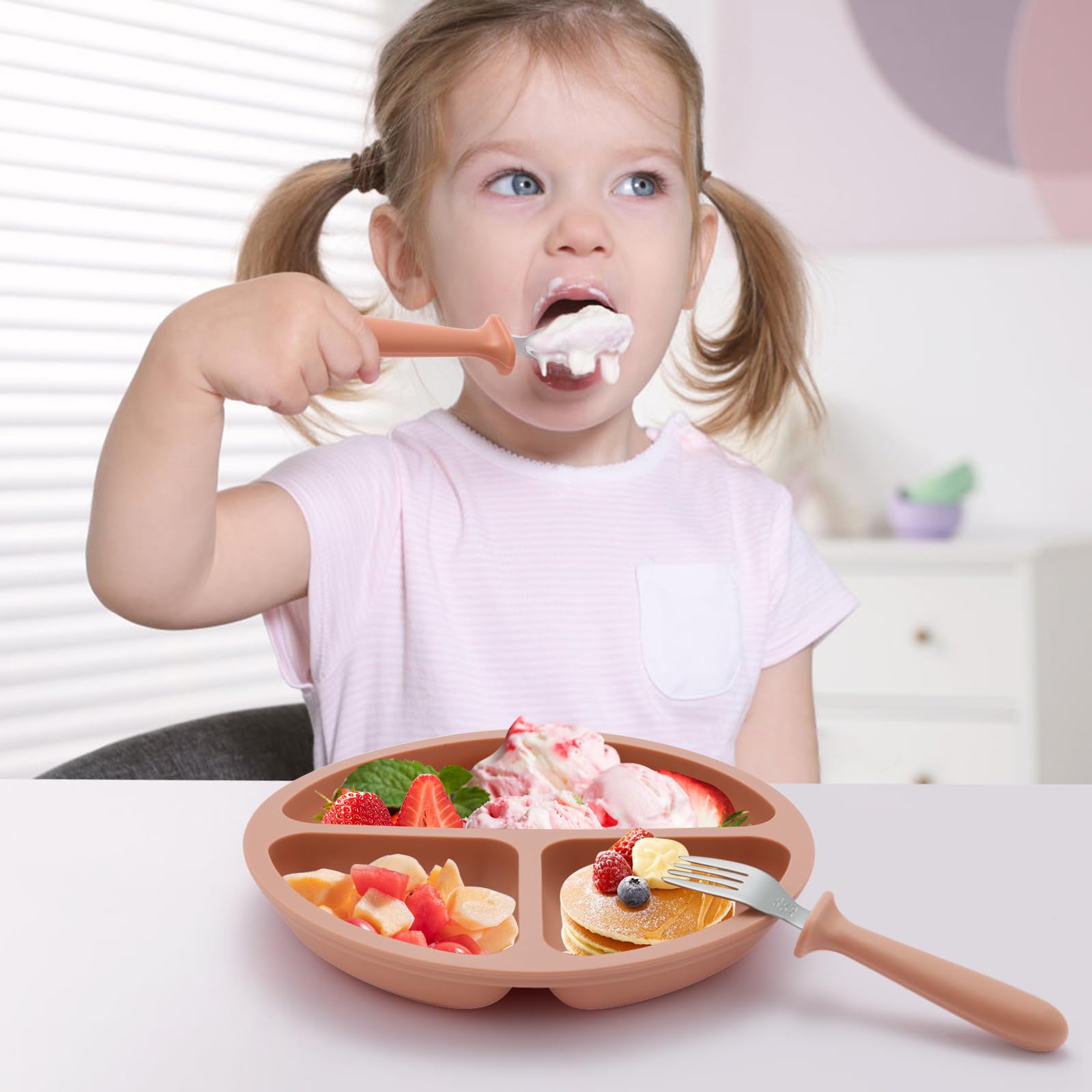 BPA-Free Silicone Baby Feeding Set - 2 Pack Divided Suction Plates with 2 Pack Spoons & Forks - Toddler Utensils for Mess-Free Mealtime - Perfect for Home, Travel and Daycare Use