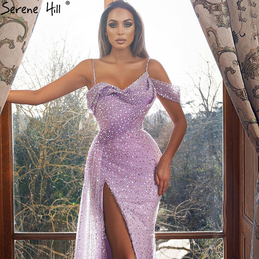 Elegant Lilac Mermaid Evening Dress for Women - Sexy High Slit Formal Gown for Parties, Prom & Special Occasions - Serene Hill Luxury Collection LA71402