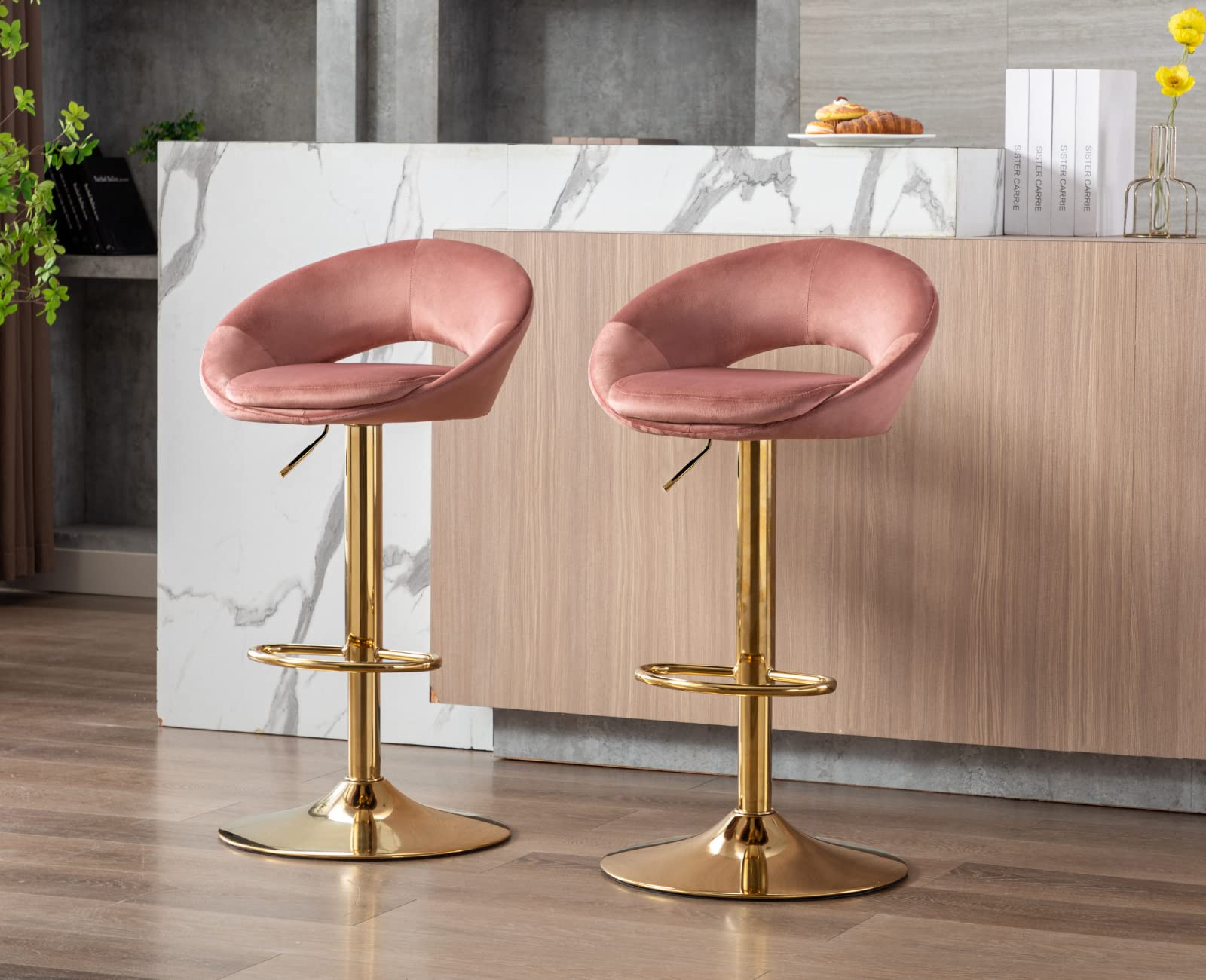 EALSON Modern Swivel Bar Stools Set of 2 - Adjustable Height Low Back Kitchen Island Stools with Gold Base & Velvet Upholstery, Pink - Perfect for Breakfast Bars, Home Bars, and Kitchen Counter Seating