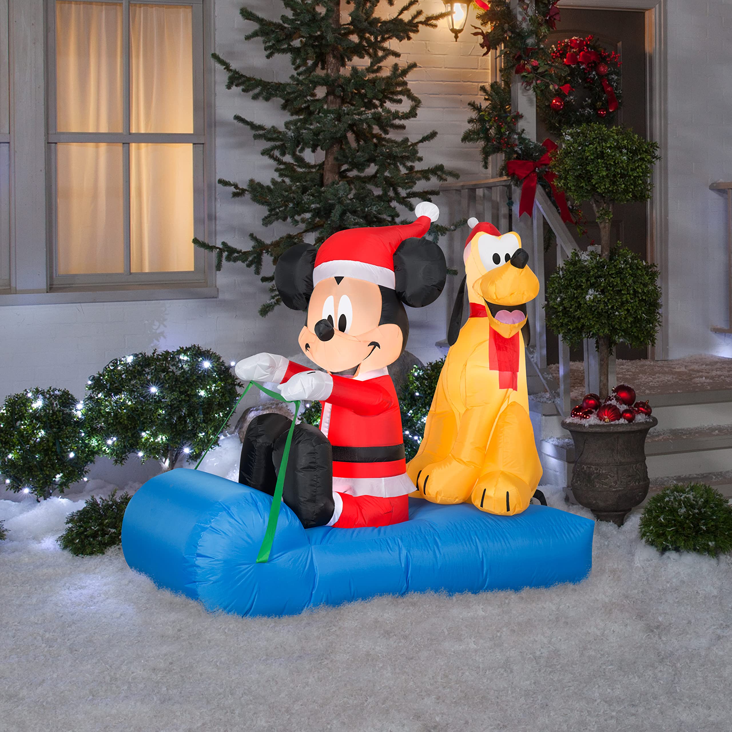 Gemmy Christmas Airblown Inflatable Mickey Mouse & Pluto Sledding Scene - 4.5ft Tall Outdoor Holiday Decoration for Yard, Lawn, and Christmas Party Decor