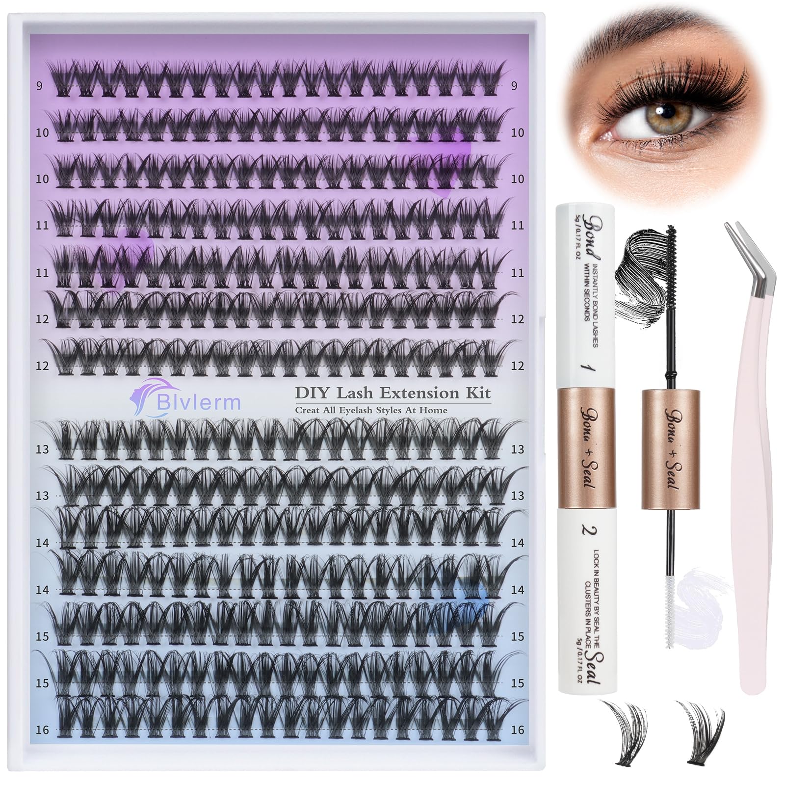 Professional DIY Eyelash Extension Kit - 280pcs D Curl Individual Cluster Lashes (9-16mm Mix) with Super Hold Bond & Seal, Includes Lash Applicator Tool for Home Use - Perfect for Bridal, Party & Everyday Glam Looks (40D-0.07D-9-16MIX)
