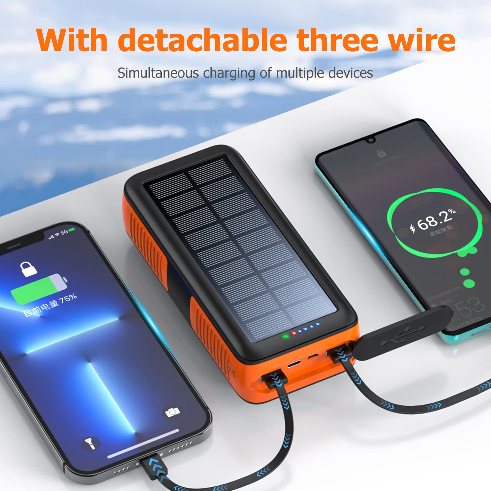 High Capacity 63200mAh Solar Power Bank with Dual USB Outputs & Inputs | Portable Solar Charger with 4 LED Flashlight & Hand Crank | Fast Charging Battery Pack for Outdoor Camping, Hiking, Emergency Survival Gear & Travel Accessories