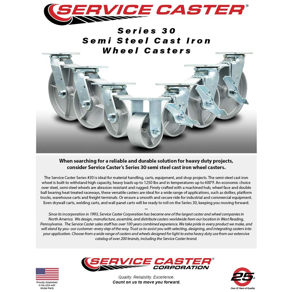Heavy Duty Cast Iron Swivel Top Plate Casters Set of 4 - 5 Inch Wheels with Brakes & Bolt-On Swivel Locks | Service Caster Brand | Ideal for Industrial Equipment, Workbenches & Warehouse Carts