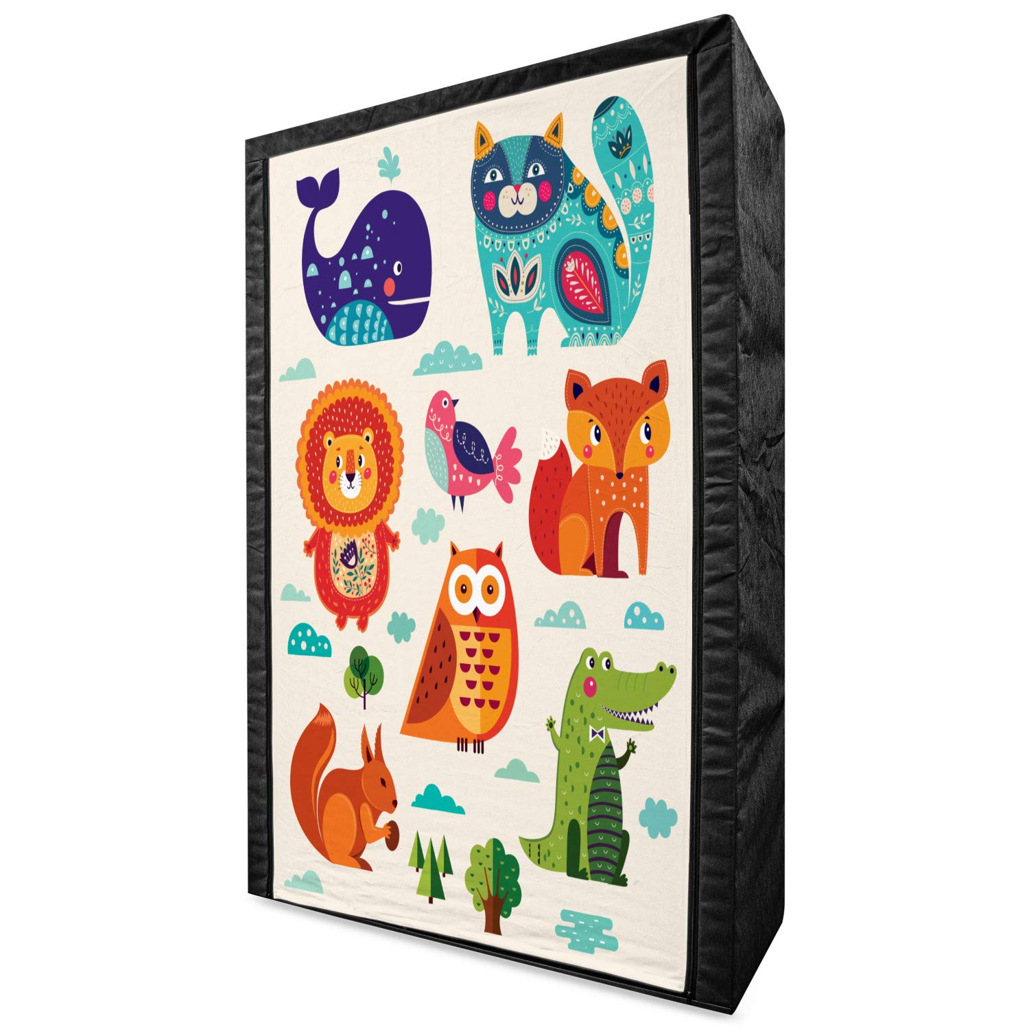 Ambesonne Zoo Portable Fabric Wardrobe - Funny Animals & Birds Design with Native Ornaments, 42.5 Inch Clothing Organizer & Storage Closet with Shelves, Multicolor - Perfect for Kids' Rooms, Dorm Storage & Small Space Organization