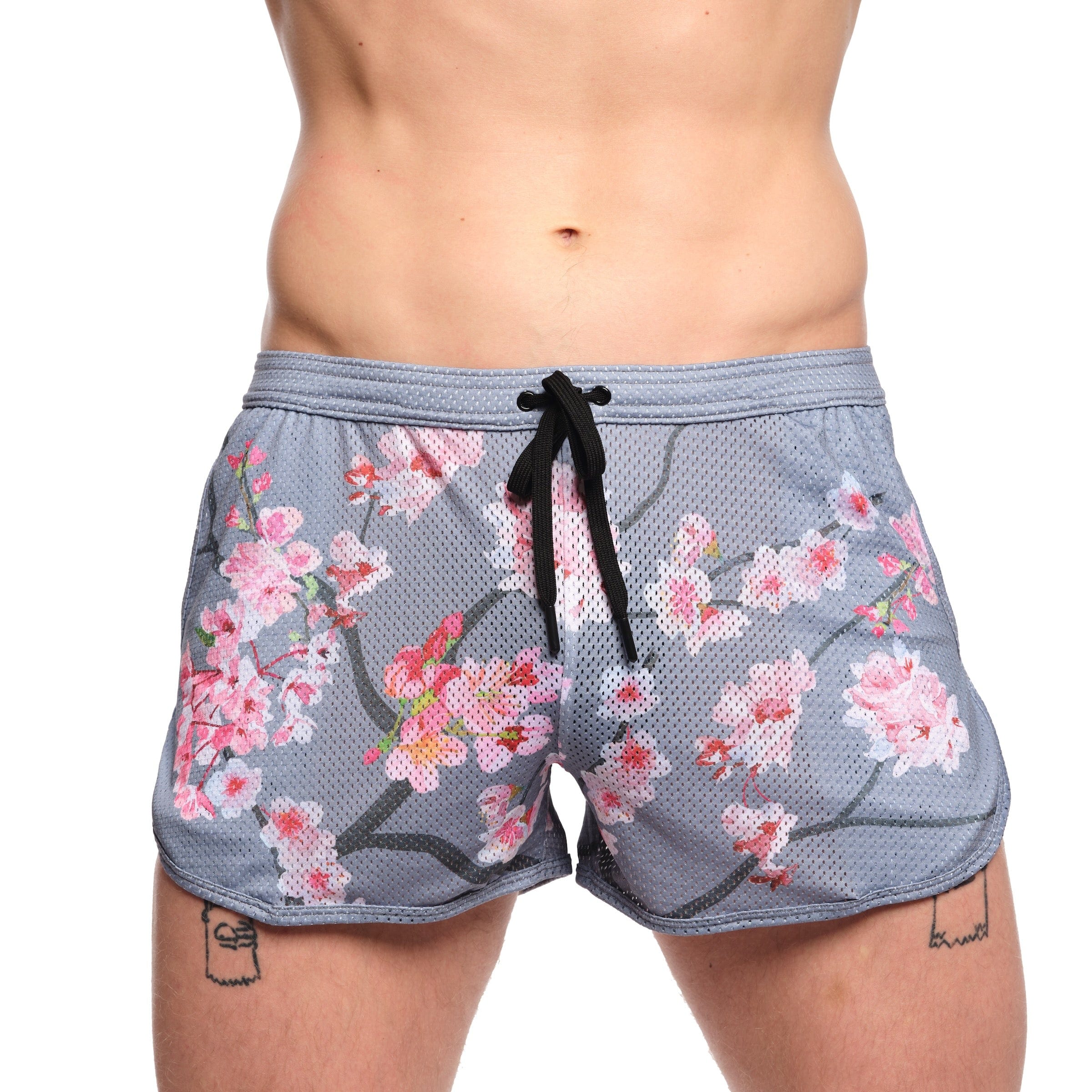 Cherry Blossom Mesh Shorts for Women - Soft Breathable Grey Athletic Shorts with Pockets | Perfect for Running, Yoga & Summer Workouts