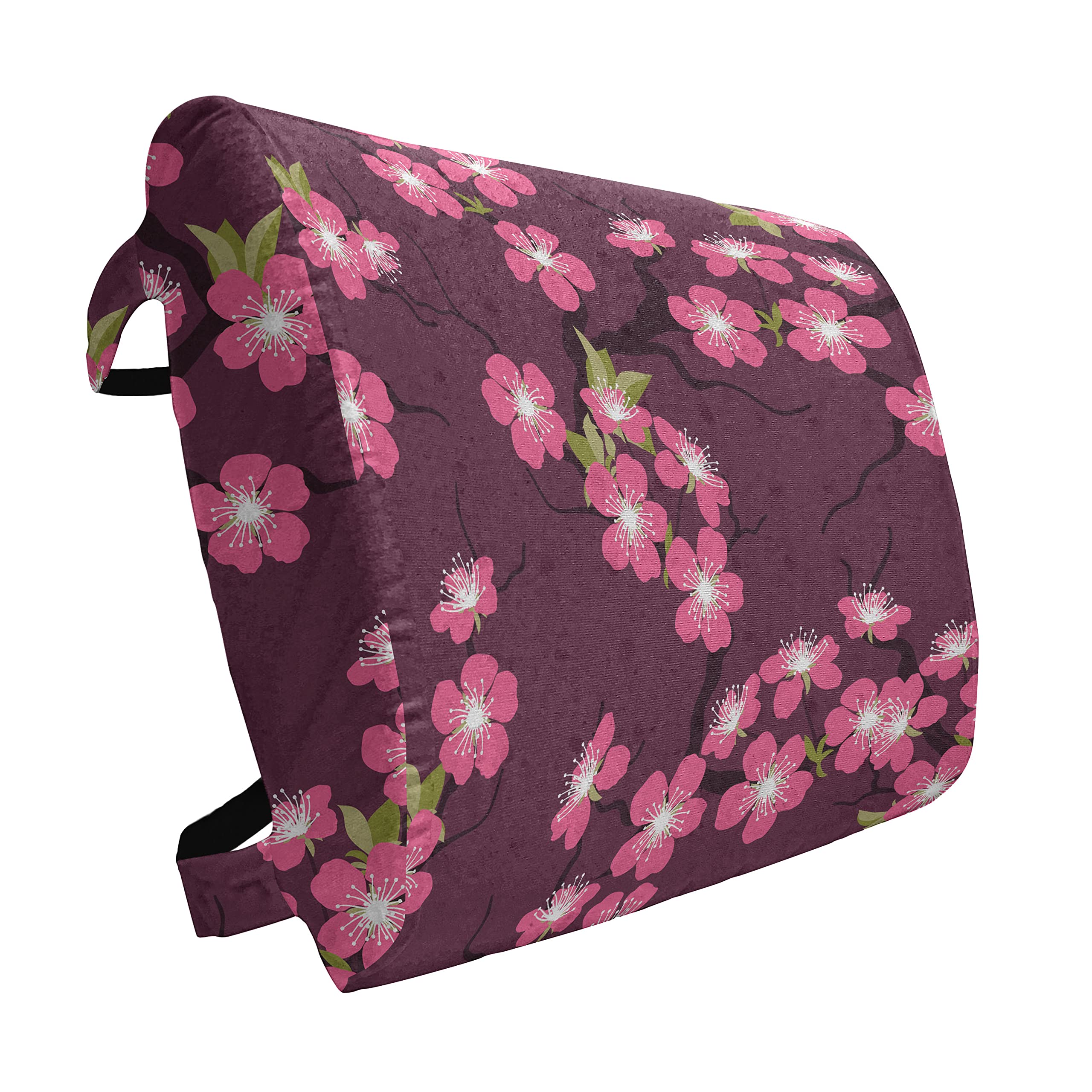 Ambesonne Cherry Blossom Lumbar Support Pillow - High Density Foam for Office Chairs & Car Seats - 14x13 Inch - Plum Pink & Green - Perfect for Back Pain Relief, Home Office & Long Drives