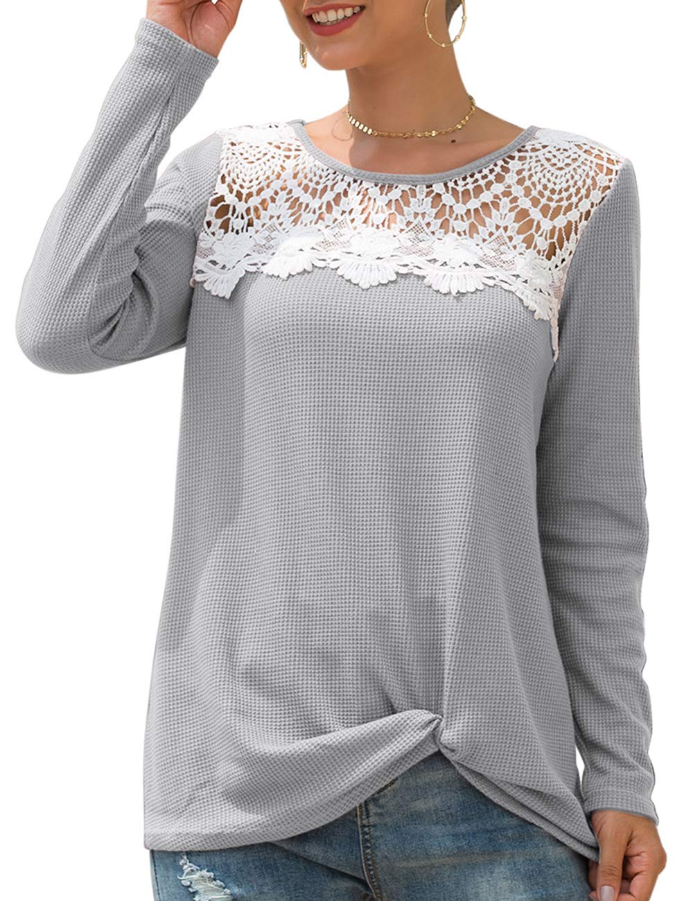 Women's Floral Lace Patchwork Crewneck Long Sleeve Waffle Knit Blouse with Twist Knot Front - Casual Fall Tops for Work, Date Night & Layering