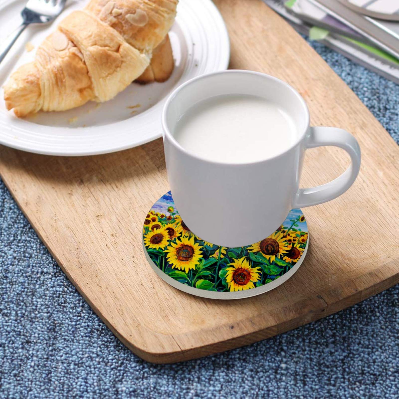 Qilmy Sunflower Ceramic Drink Coasters Set of 2 - Absorbent Stone Coasters with Cork Base for Mugs, Cups & Glasses - Perfect for Coffee Tables, Kitchen Countertops & Office Desks