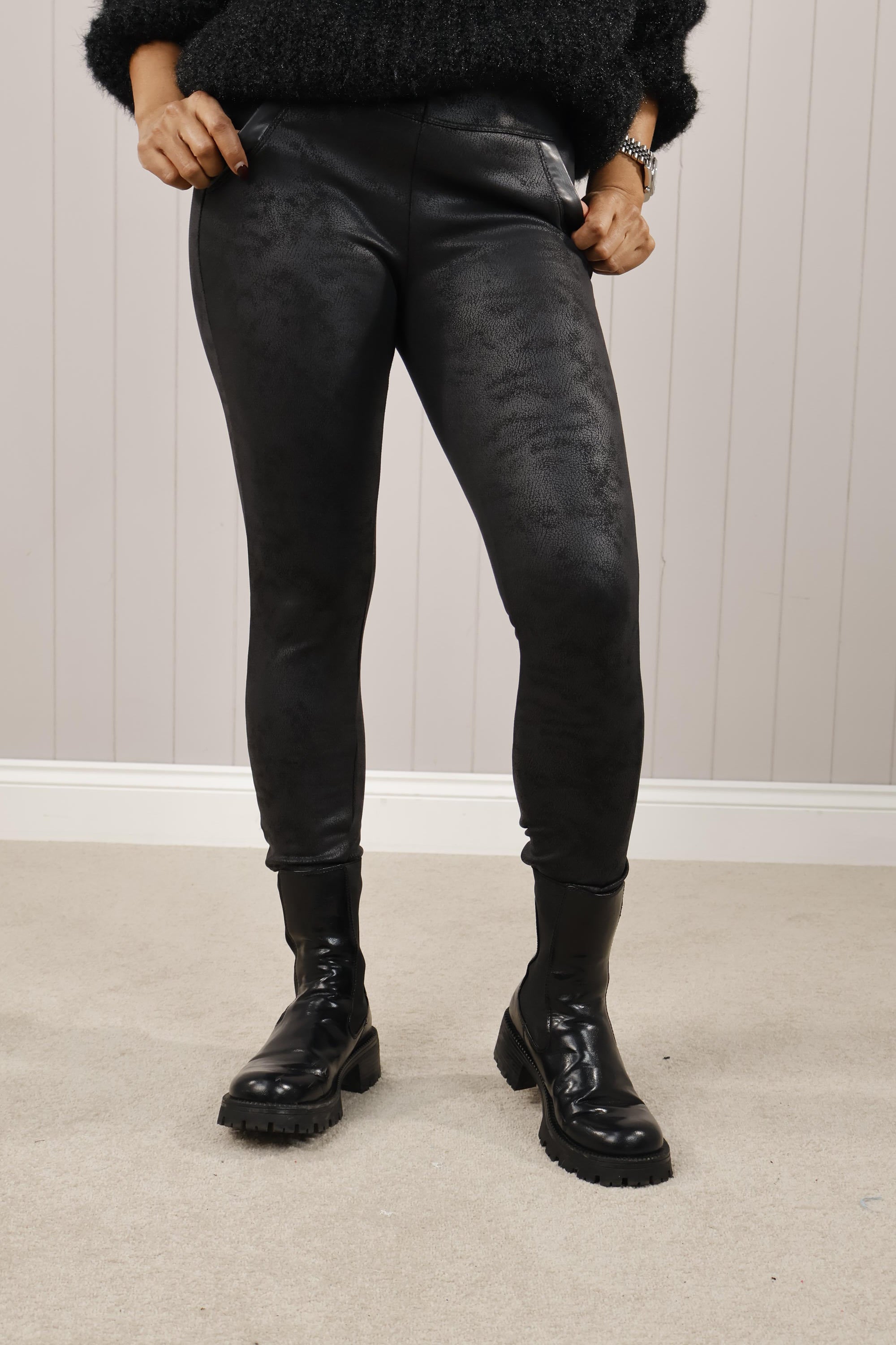 Black Selena Snakeprint Treggings - Women's Stretchy Faux Leather Leggings for Workout, Yoga & Night Out | High Waist Comfortable Fashion Pants