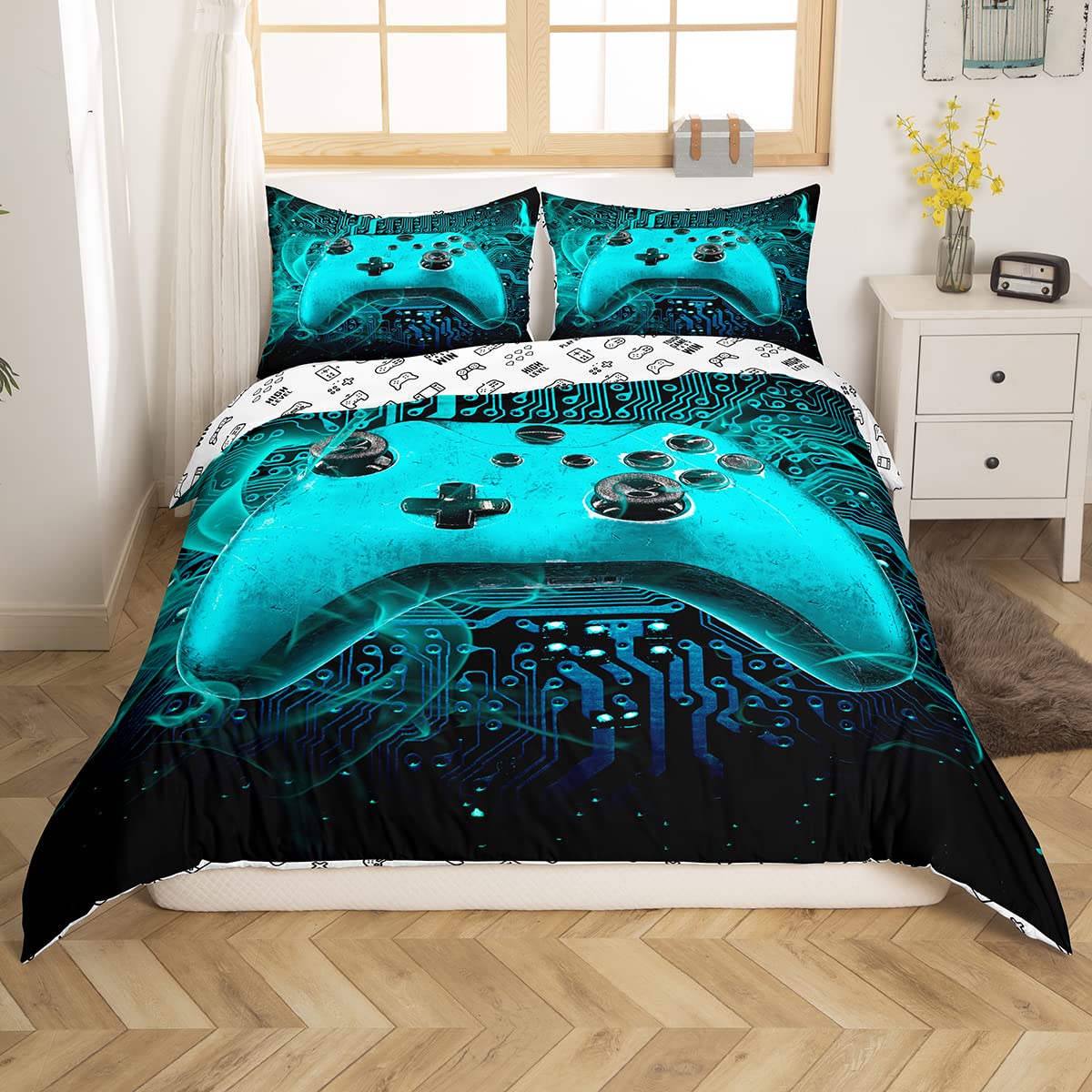 Homewish Modern Gamer Comforter Cover Set - Twin Size Video Game Themed Duvet Cover with Gaming Controller Design - 2 Piece Bedding Set for Kids, Boys & Teens - Perfect for Gaming Rooms, Sleepovers & Birthday Gifts - Soft & Durable Quilt Cover for Bedroom Decor