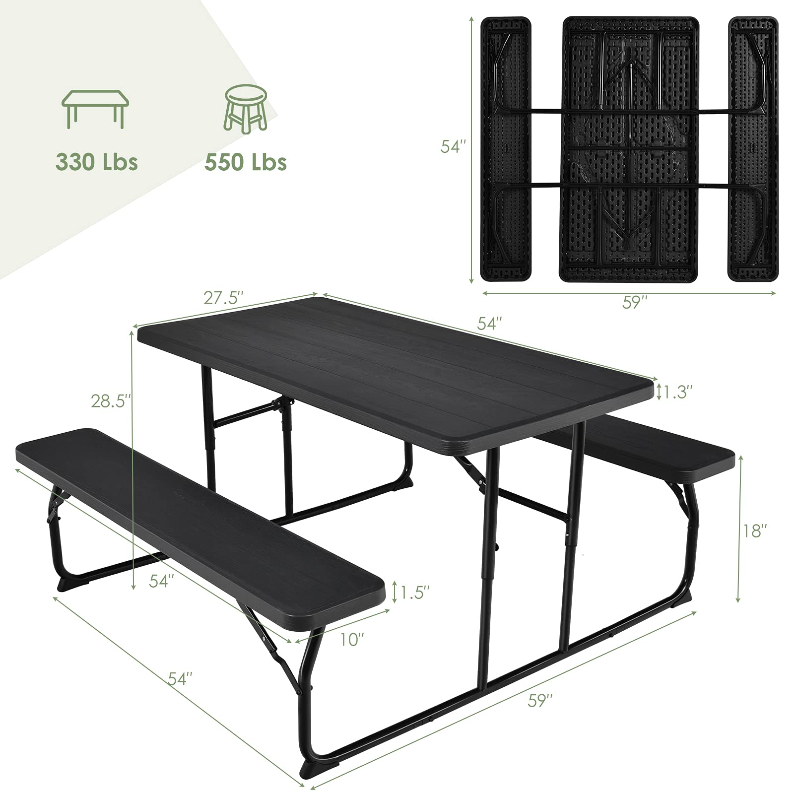 Renatone Folding Picnic Table - Portable Outdoor Dining Table for Camping, Beach, Backyard & Patio - Compact & Lightweight - Black