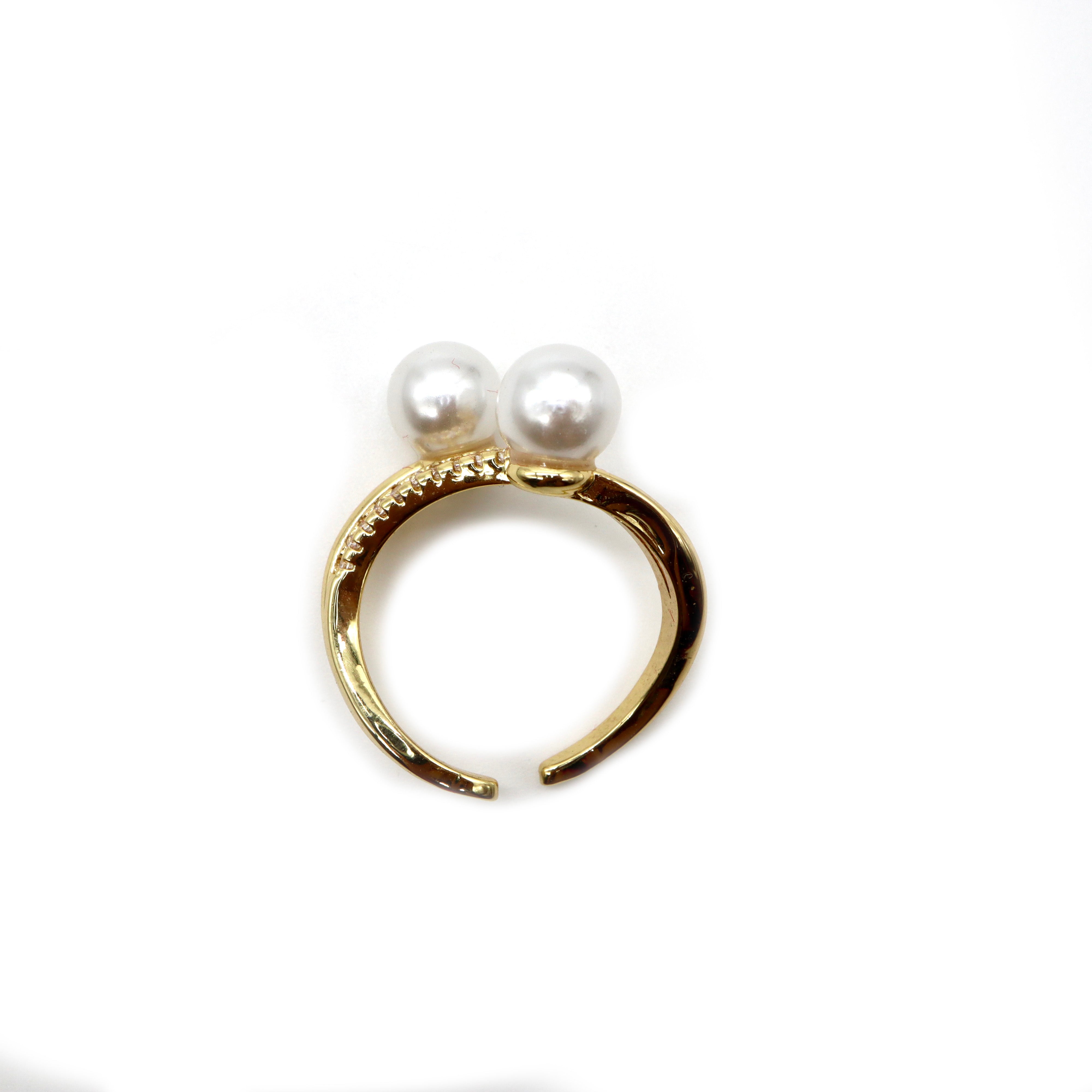 18K Gold Plated Dual Pearl Pavé Ring - Adjustable Elegance for Women | Perfect for Weddings, Anniversaries & Special Occasions