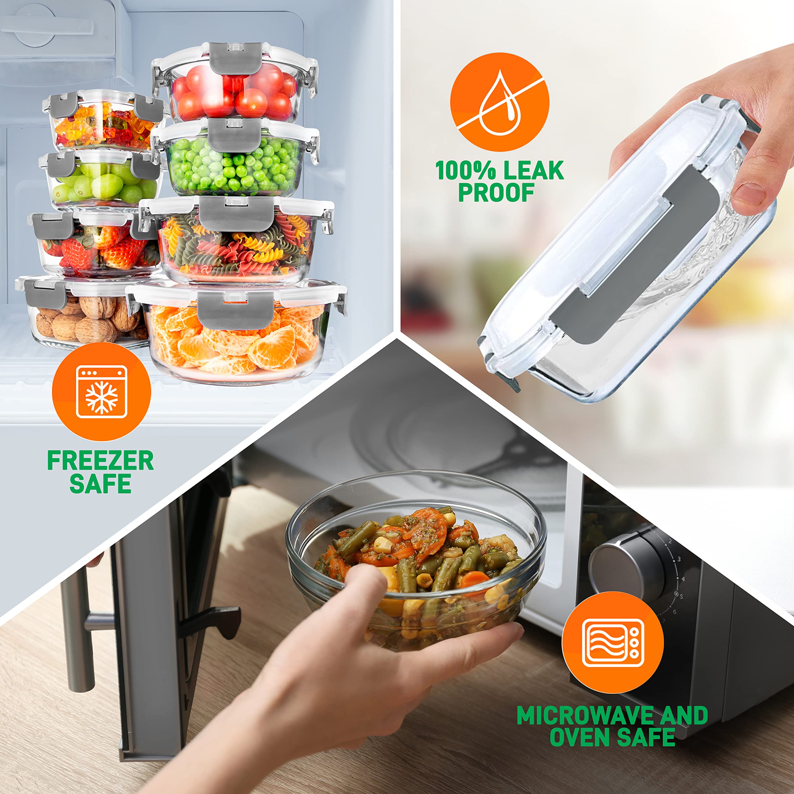 SereneLife 24-Piece Glass Food Storage Containers Set with Lids - 12 Pack Airtight Meal Prep Containers for Lunch, Kitchen & Pantry Organization - Leakproof, Freezer & Dishwasher Safe - Perfect for Meal Prepping, Leftovers & Bulk Food Storage (Gray)