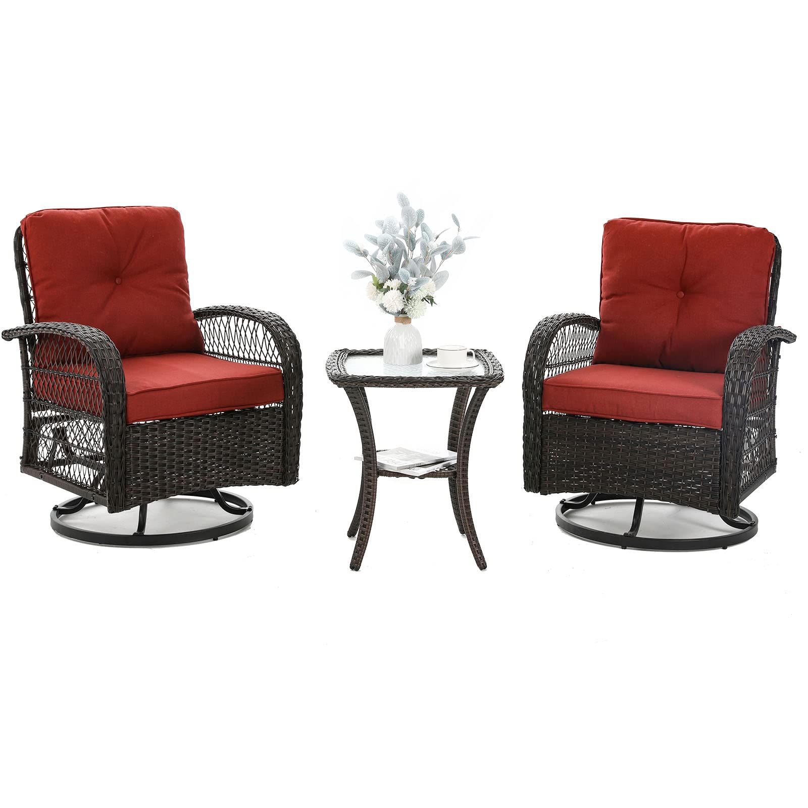 3-Piece Patio Furniture Set - Outdoor Swivel Glider Rocker with Thickened Cushions & Table, Wicker Bistro Set for Porch, Garden, Backyard (Red) - Perfect for Relaxing, Entertaining & Outdoor Dining